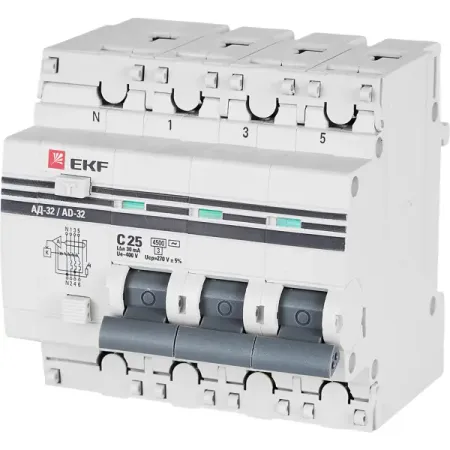 Дифференциальный автомат EKF АД-32 3P N C25 А 30 мА 4.5 кА АС