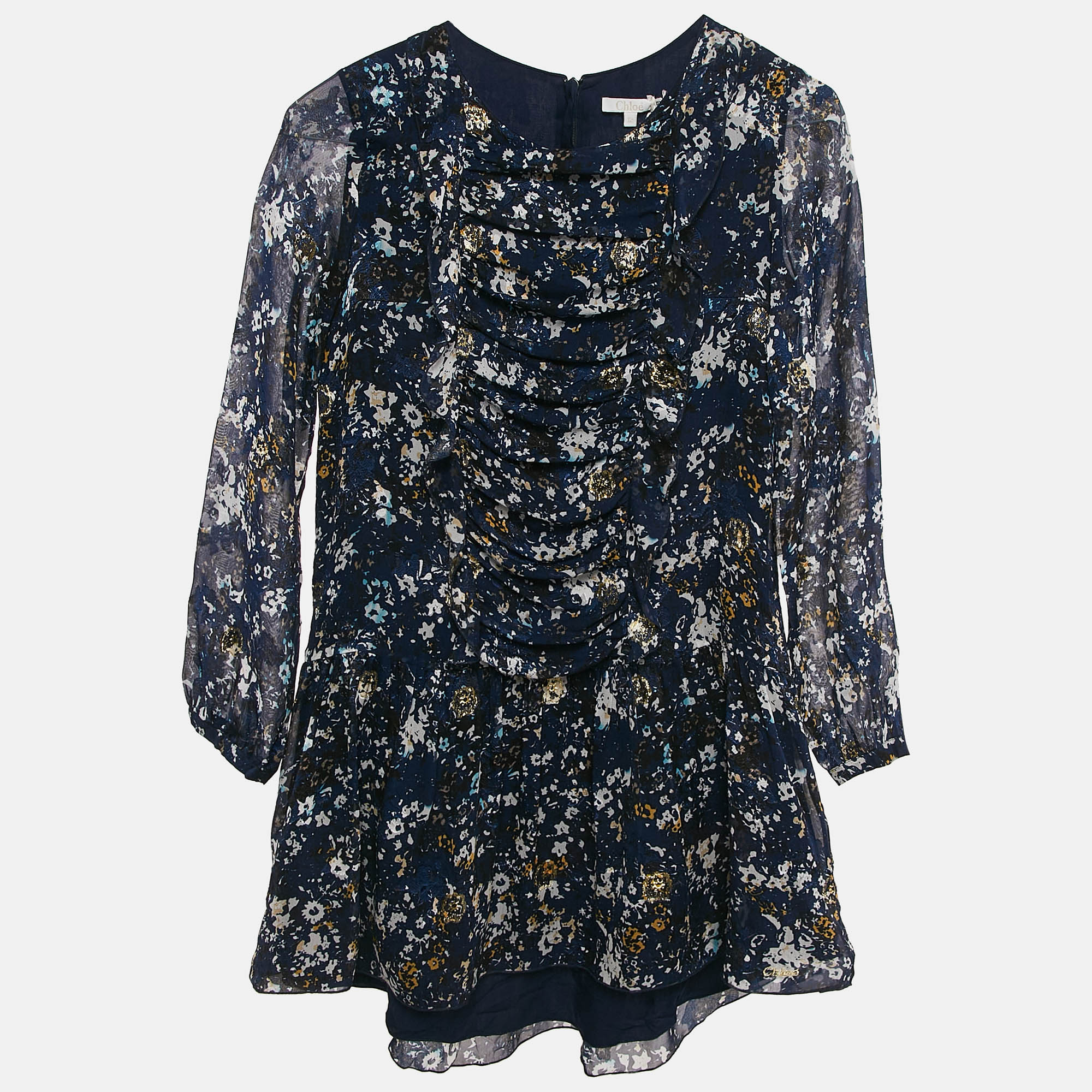 Chloe Kids Navy Blue Floral Print Fil-Coupe Silk Blend Ruffled Dress 12 Yrs