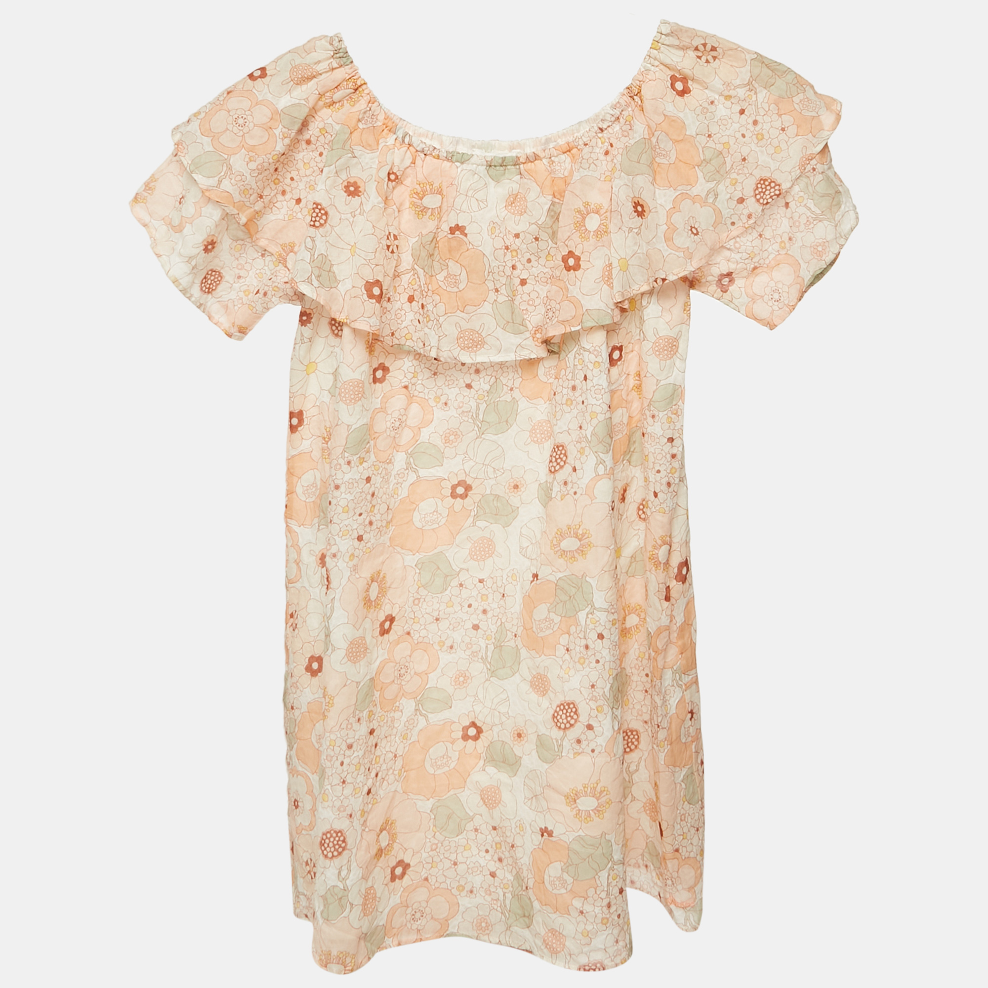 Chloe Kids Orange/Multicolor Floral Print Cotton Off-Shoulder Dress 10 Yrs