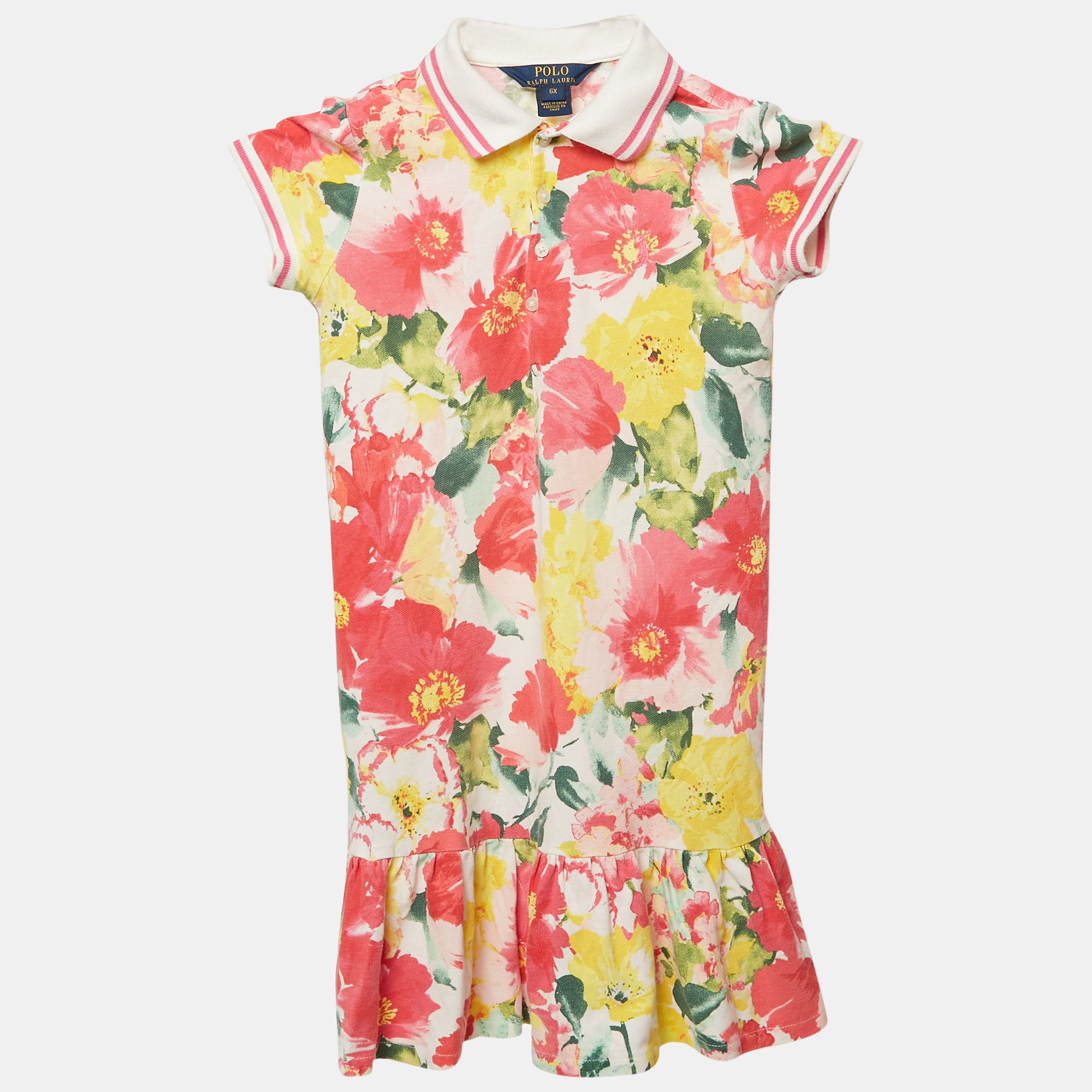 Polo Ralph Lauren Kids Pink Floral Print Pique Cotton Pleated Polo Dress 6 Yrs
