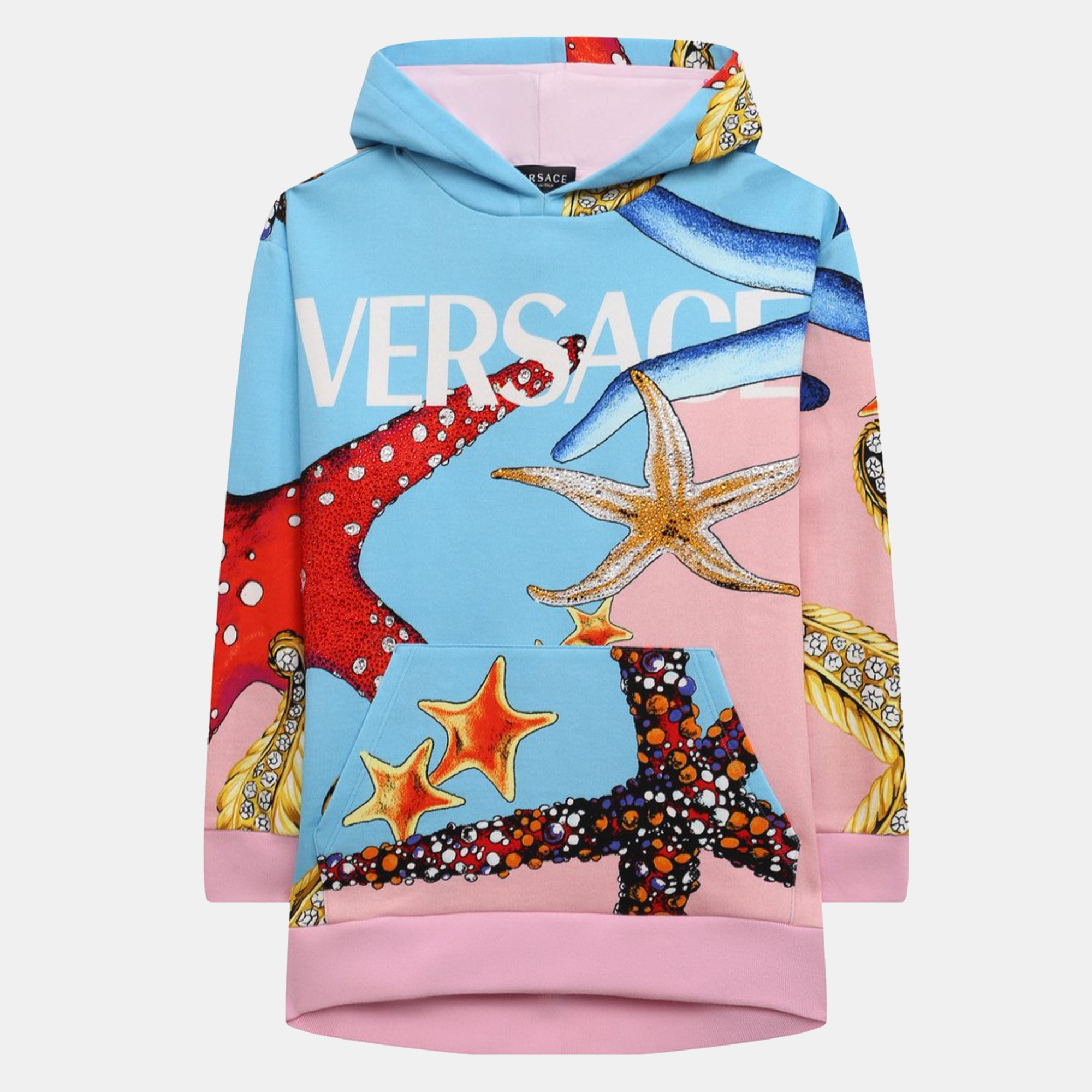 Versace Kids Pink/Blue Starfish Print Cotton Knit Hoodie 8 Yrs