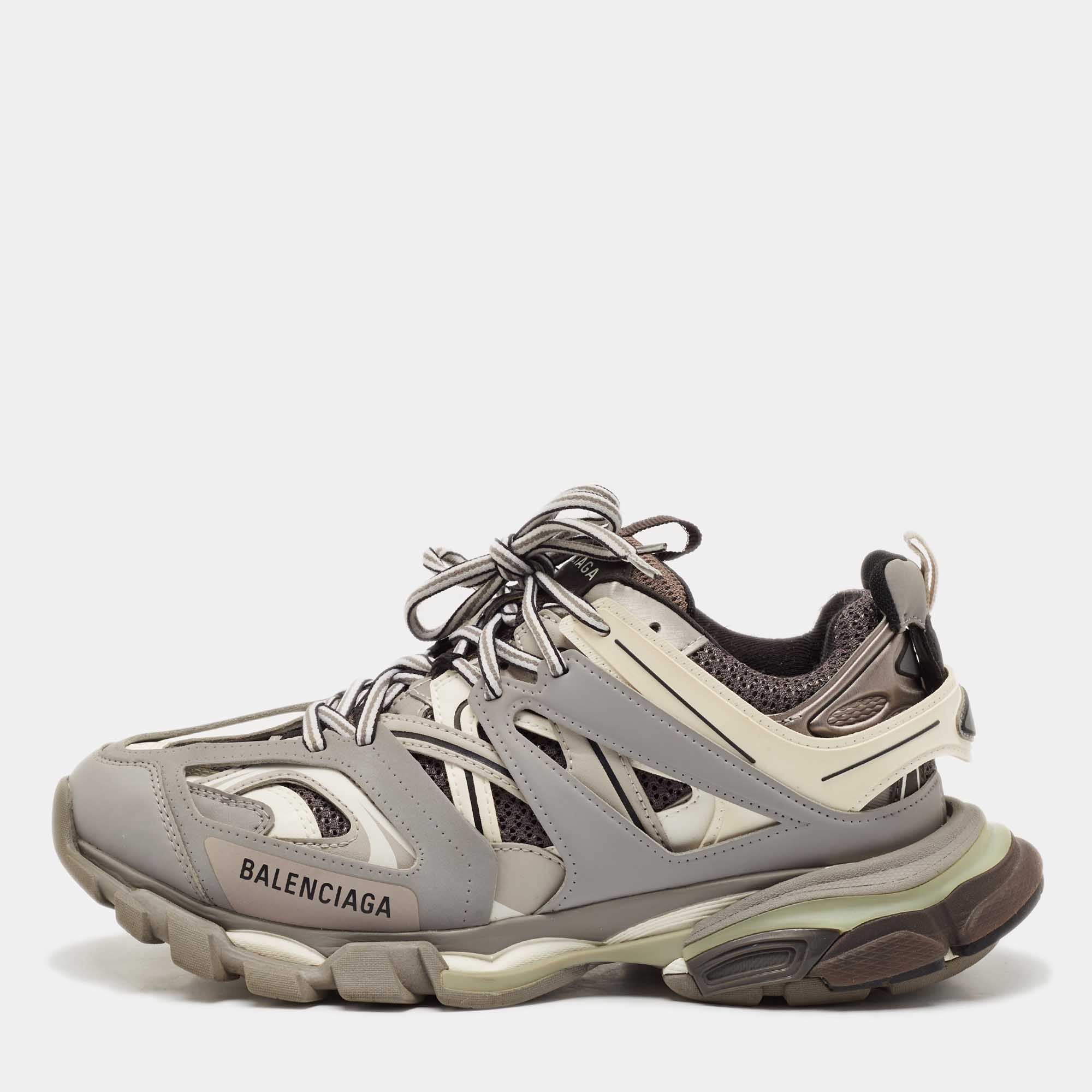 Balenciaga Grey Faux Leather and Mesh Track Lace Up Sneakers Size 41