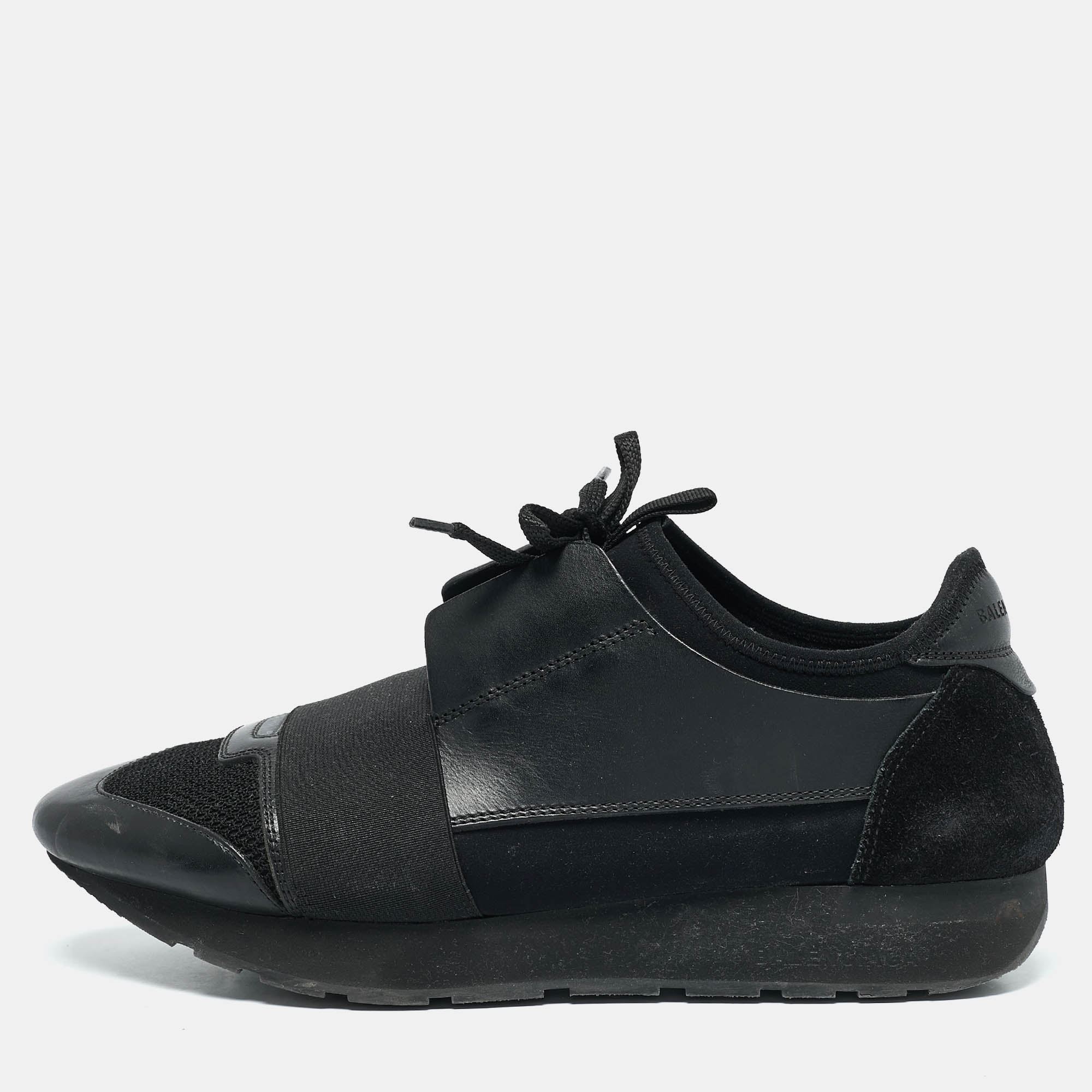 Balenciaga Black Leather and Suede Race Runner Low Top Sneakers Size 40