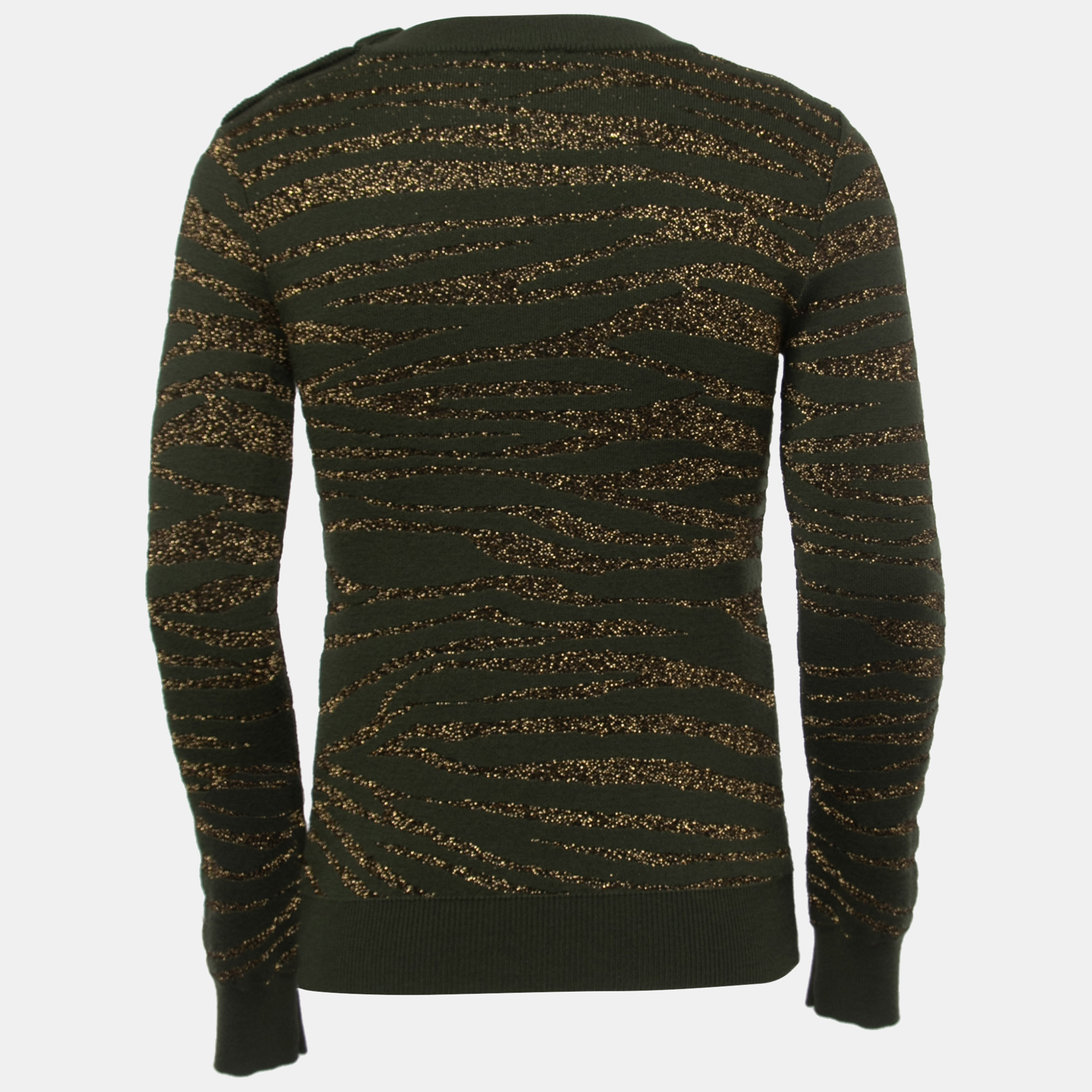 Sweaters & Cardigans  The Luxury Closet Balmain Green/Metallic Patterned Knit Button Detail Sweater XS