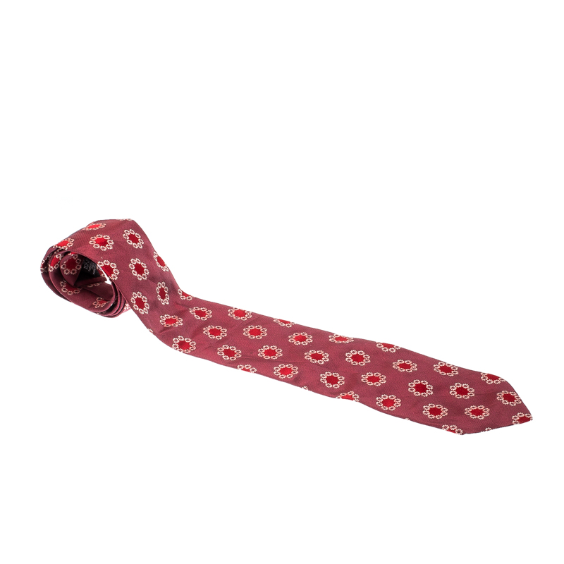 Boss By Hugo Boss Mauve Pink and Red Floral Embroidered Silk Jacquard Tie
