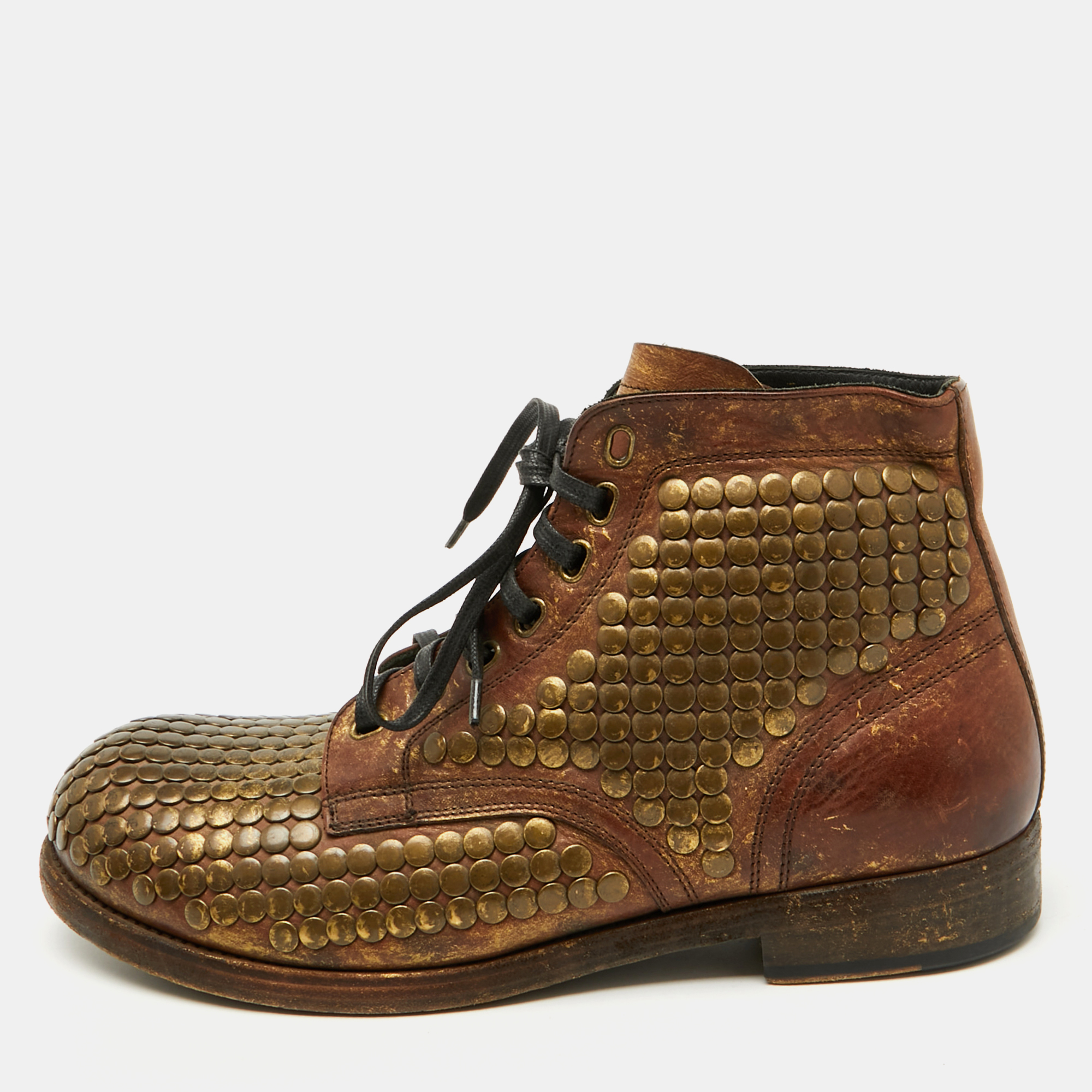 Dress Boots  The Luxury Closet Dolce & Gabbana Brown Leather Runway Studs Cortina Ankle Boots Size 43