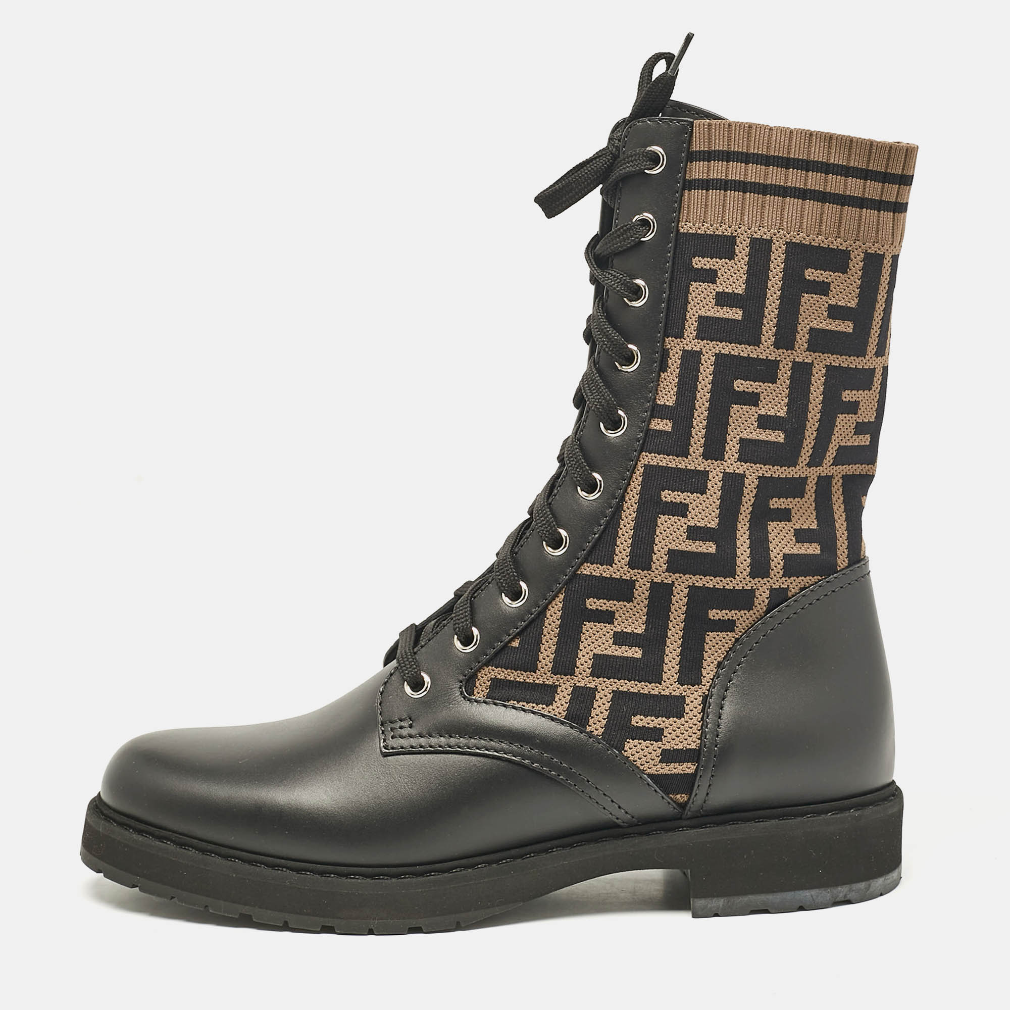 Dress Boots  The Luxury Closet Fendi Black/Brown Fabric and Leather Rockoko Combat Boots Size 41