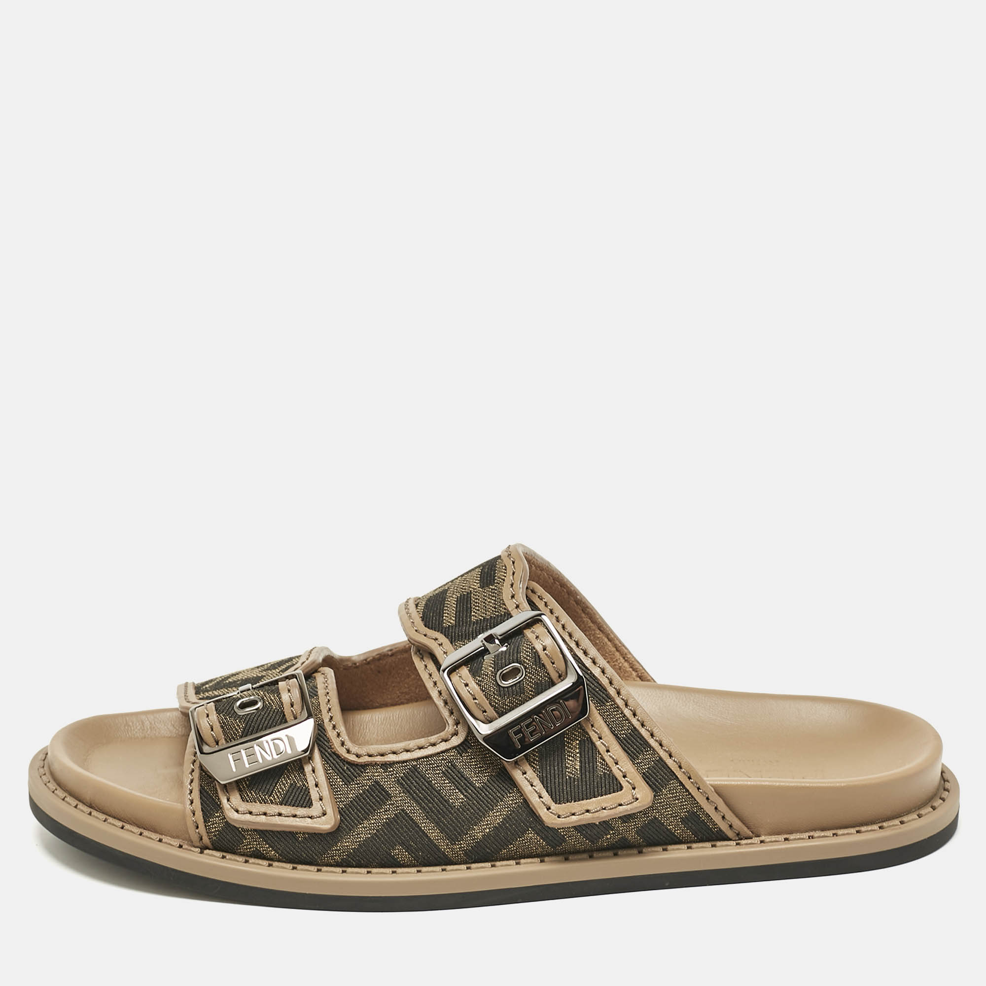 Fendi Brown Zucca Canvas and Leather Feel Sandals Size 41