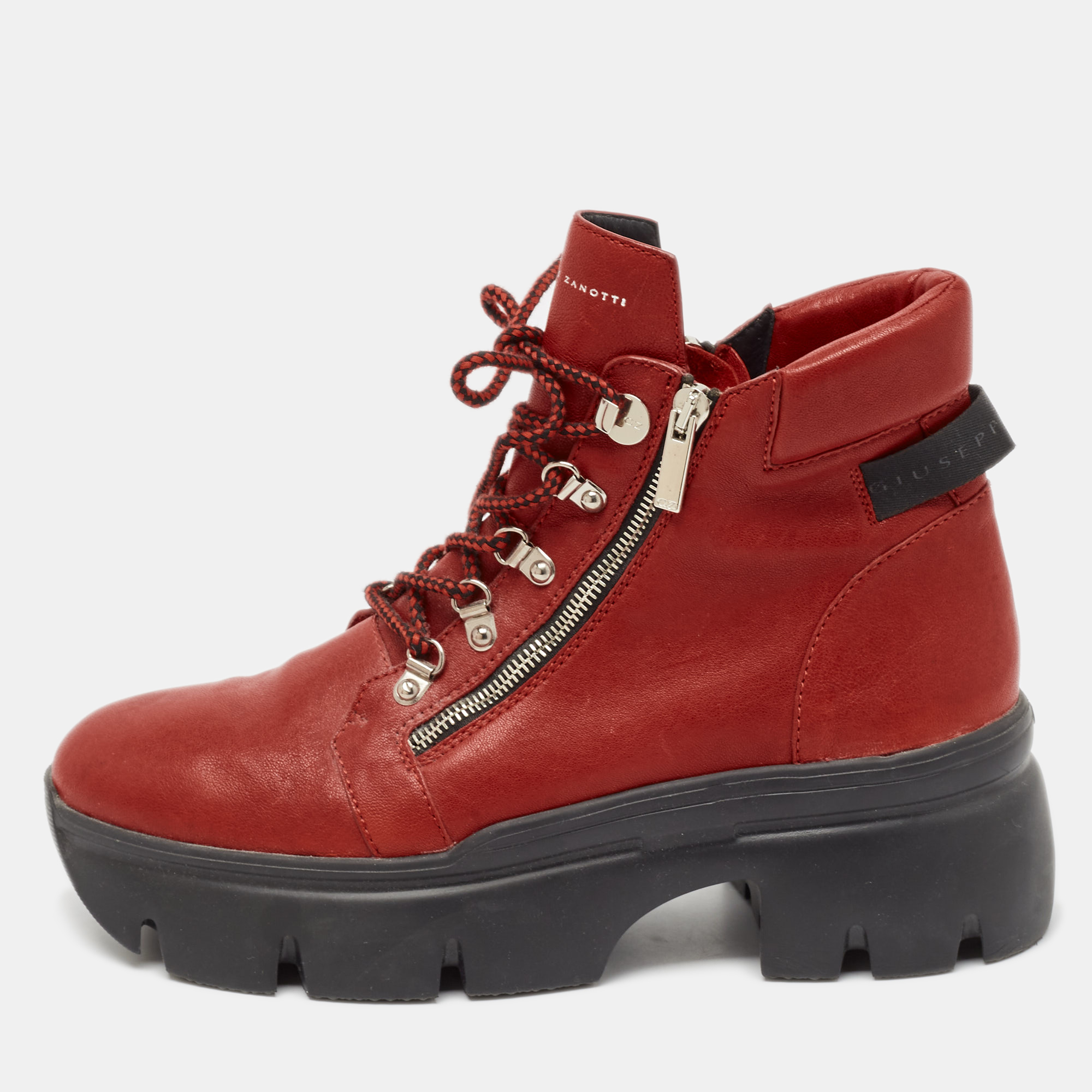 Dress Boots  The Luxury Closet Giuseppe Zanotti Red Leather Apocalypse Trek Ankle Boots Size 43