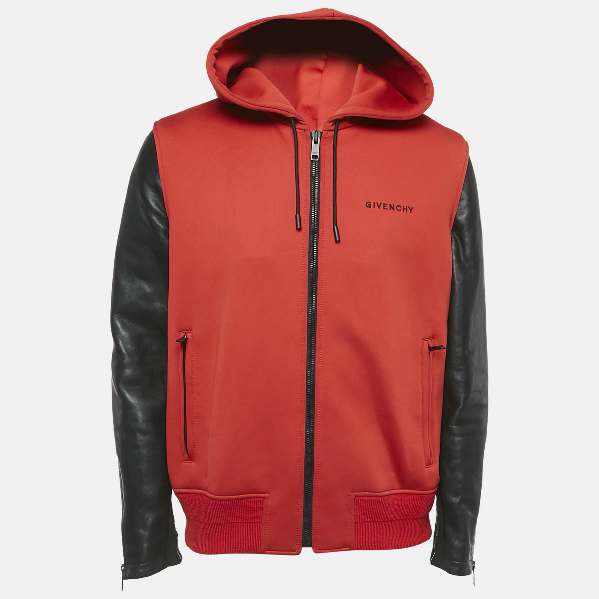 Givenchy Red Neoprene and Leather Zip Up Hooded Jacket XL