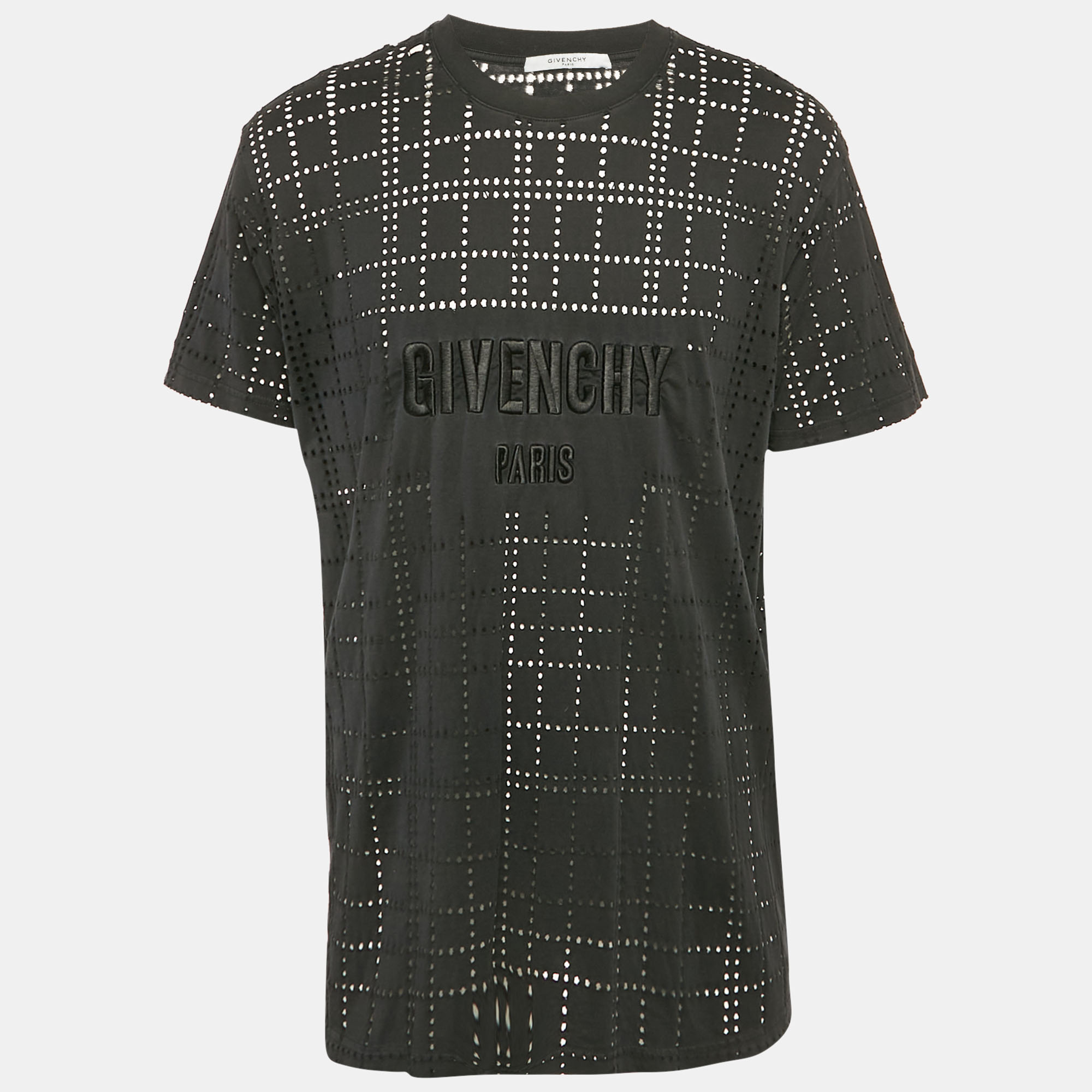 Givenchy Black Logo Embroidery Perforated Cotton Crew Neck T-Shirt L