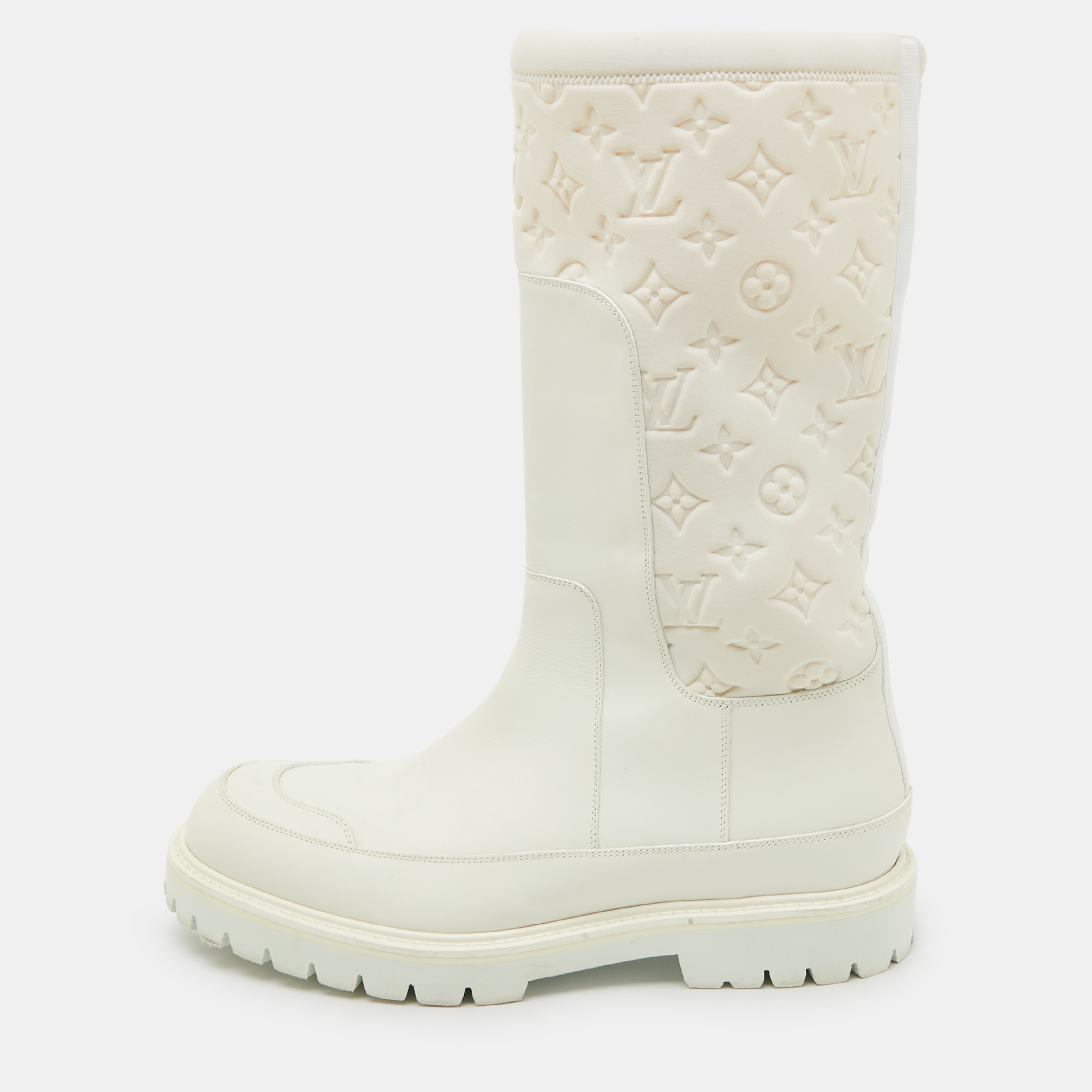 Dress Boots Louis Vuitton White Leather and Monogram Neoprene Calf Length Boots Size 43