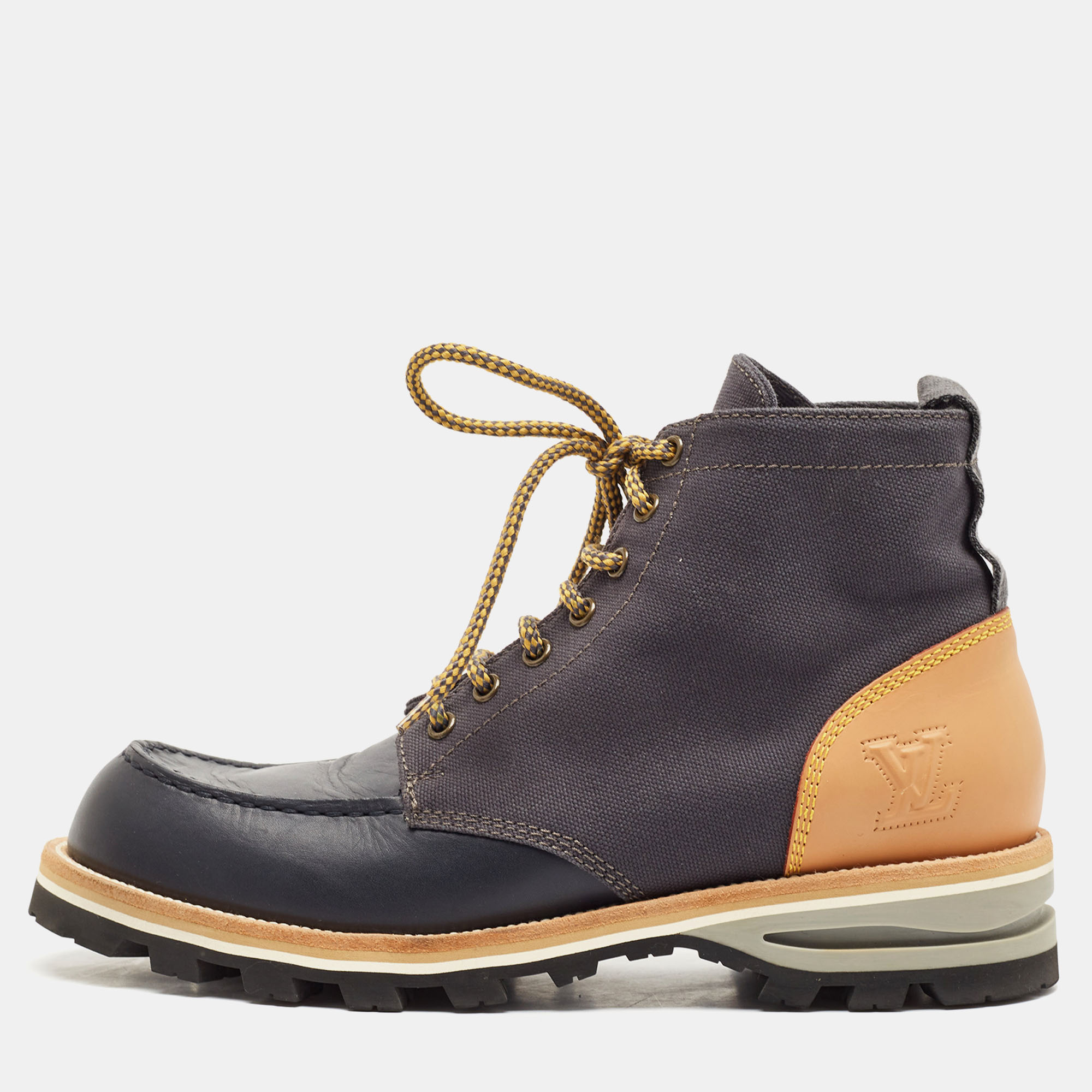 Dress Boots  The Luxury Closet Louis Vuitton Navy Blue/Brown Leather and Canvas Ankle Boots Size 41.5