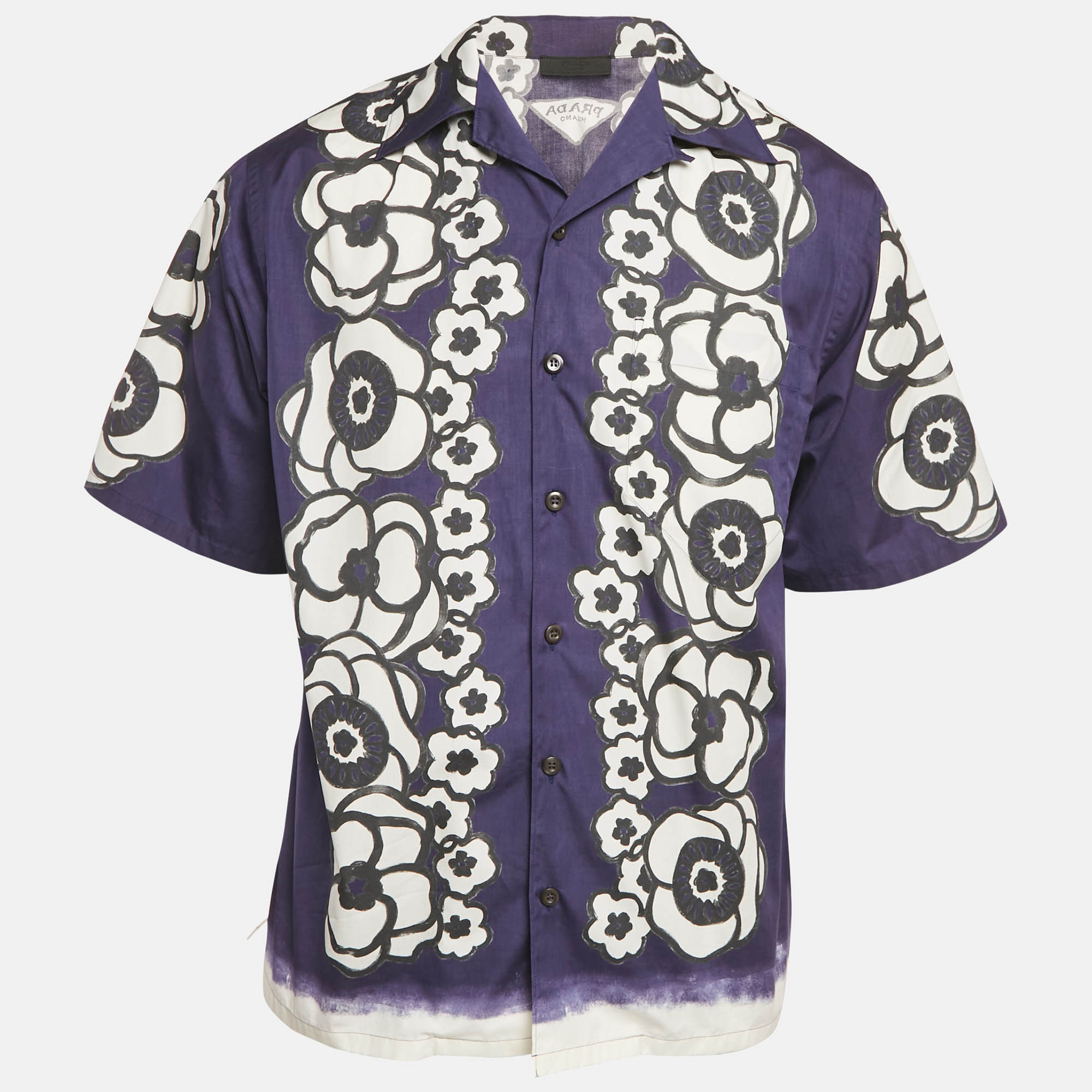 Prada Blue Floral Print Cotton Short Sleeve Shirt M