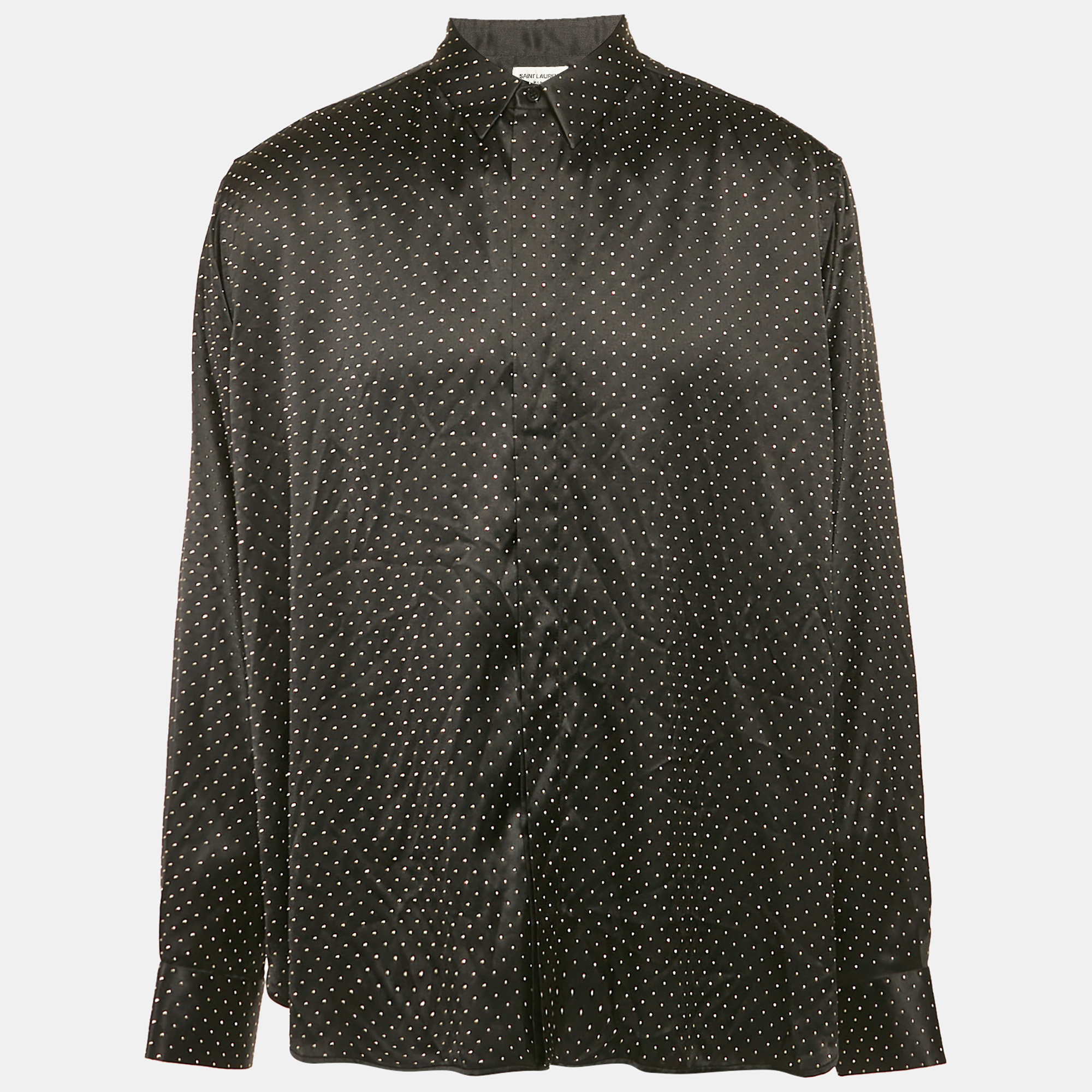 Saint Laurent Paris Black Micro Studded Satin Silk Shirt XXXL