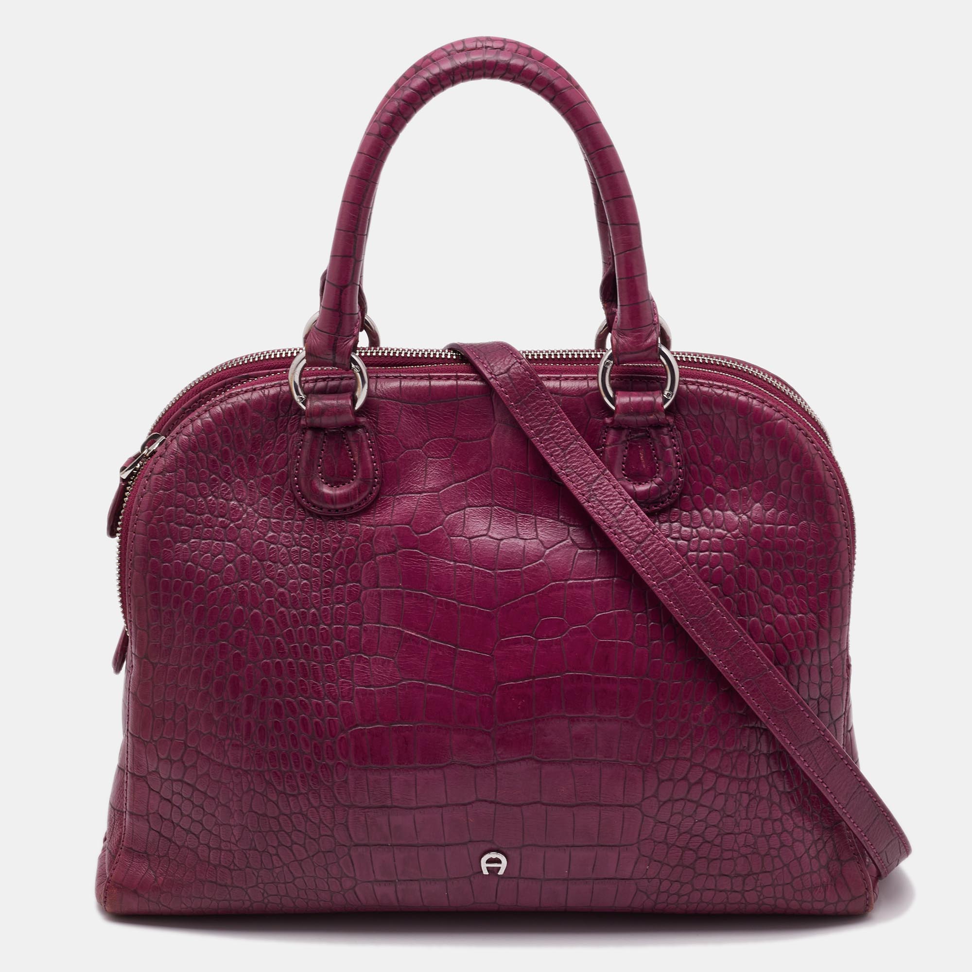 Aigner Magenta Croc Embossed Leather Double Zip Satchel