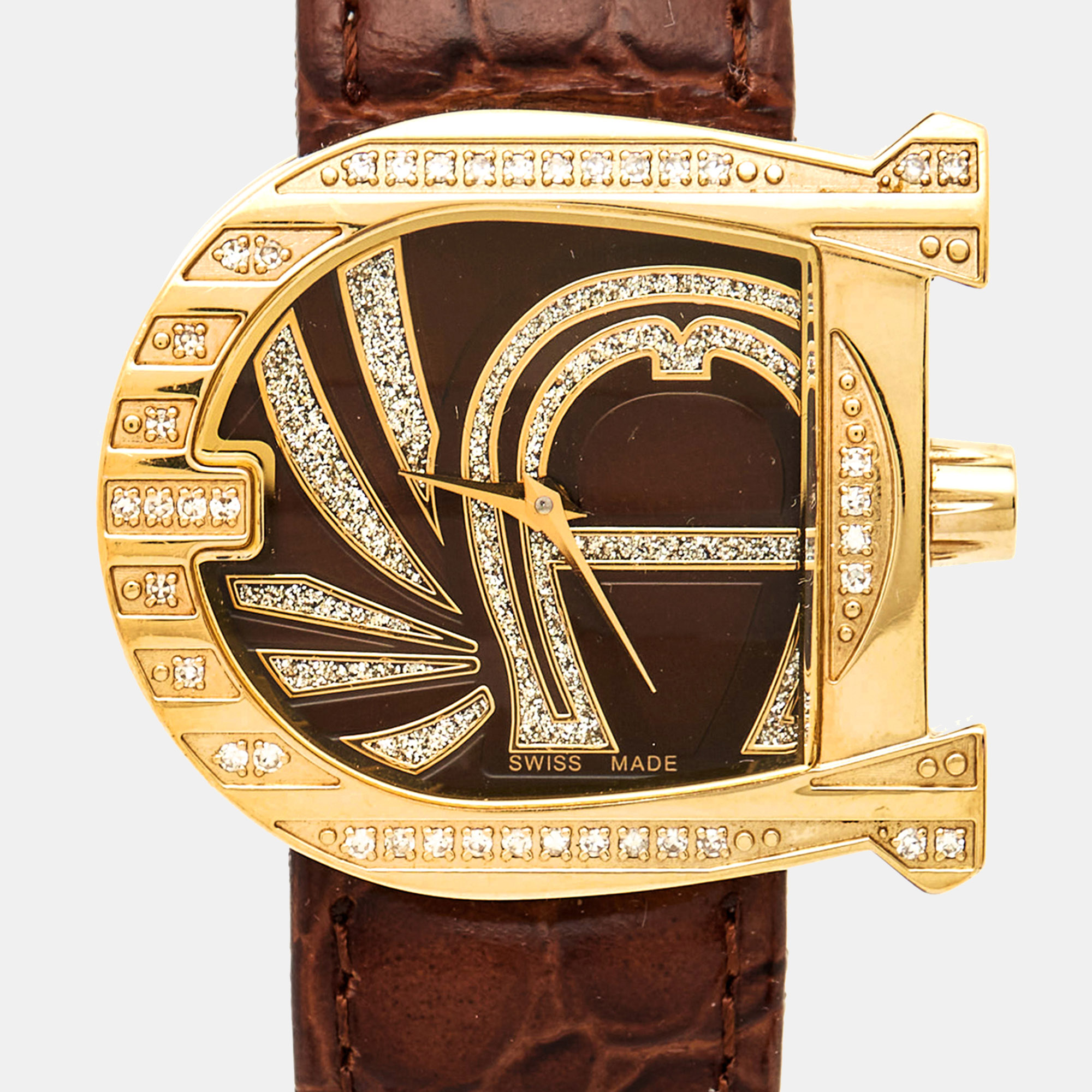 Aigner Brown Gold Plated Stainless Steel Diamond Leather Genua A31000 Women's Wristwatch 31 mm