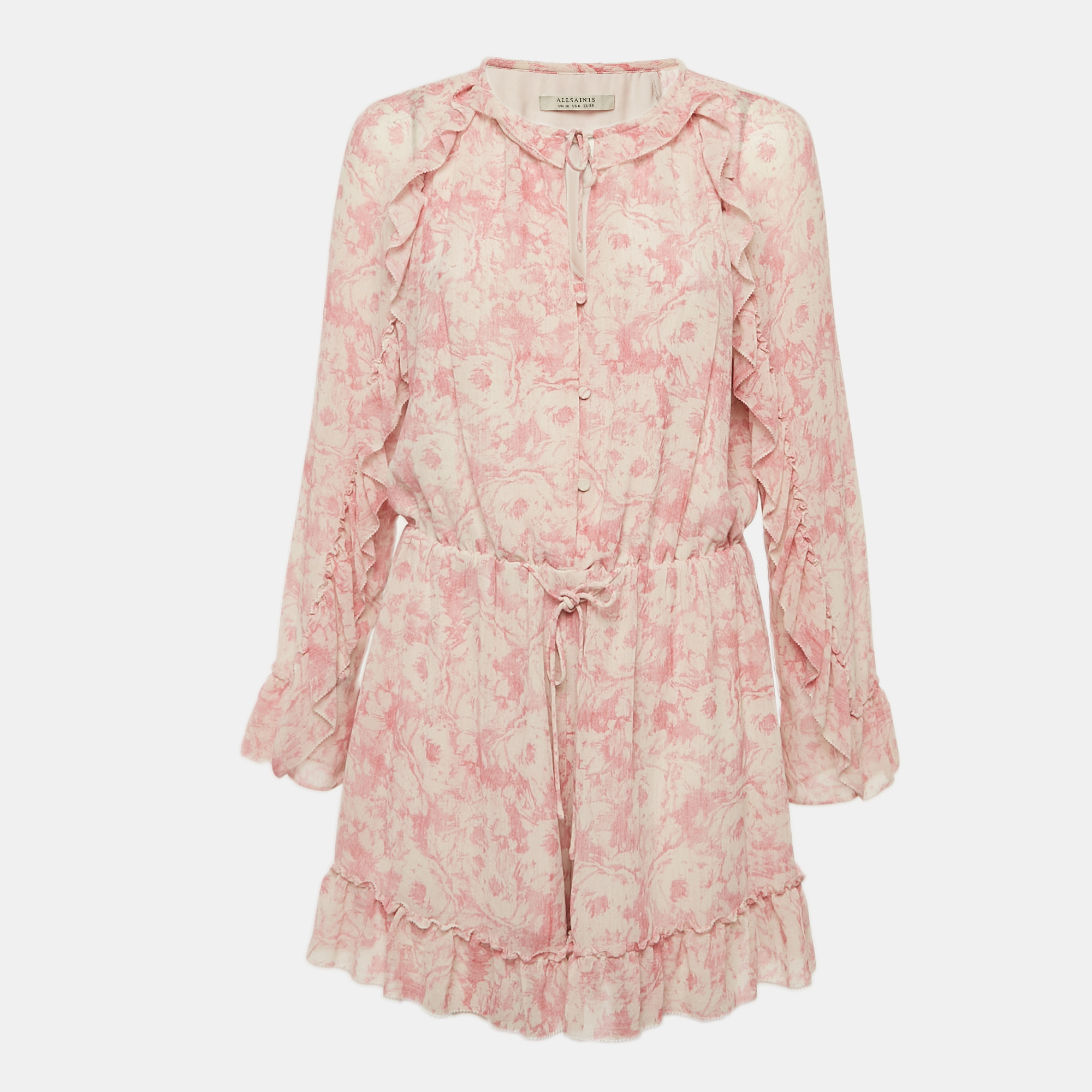 All Saints Pink Printed Crepe Ruffled Flora Rosa Playsuit M