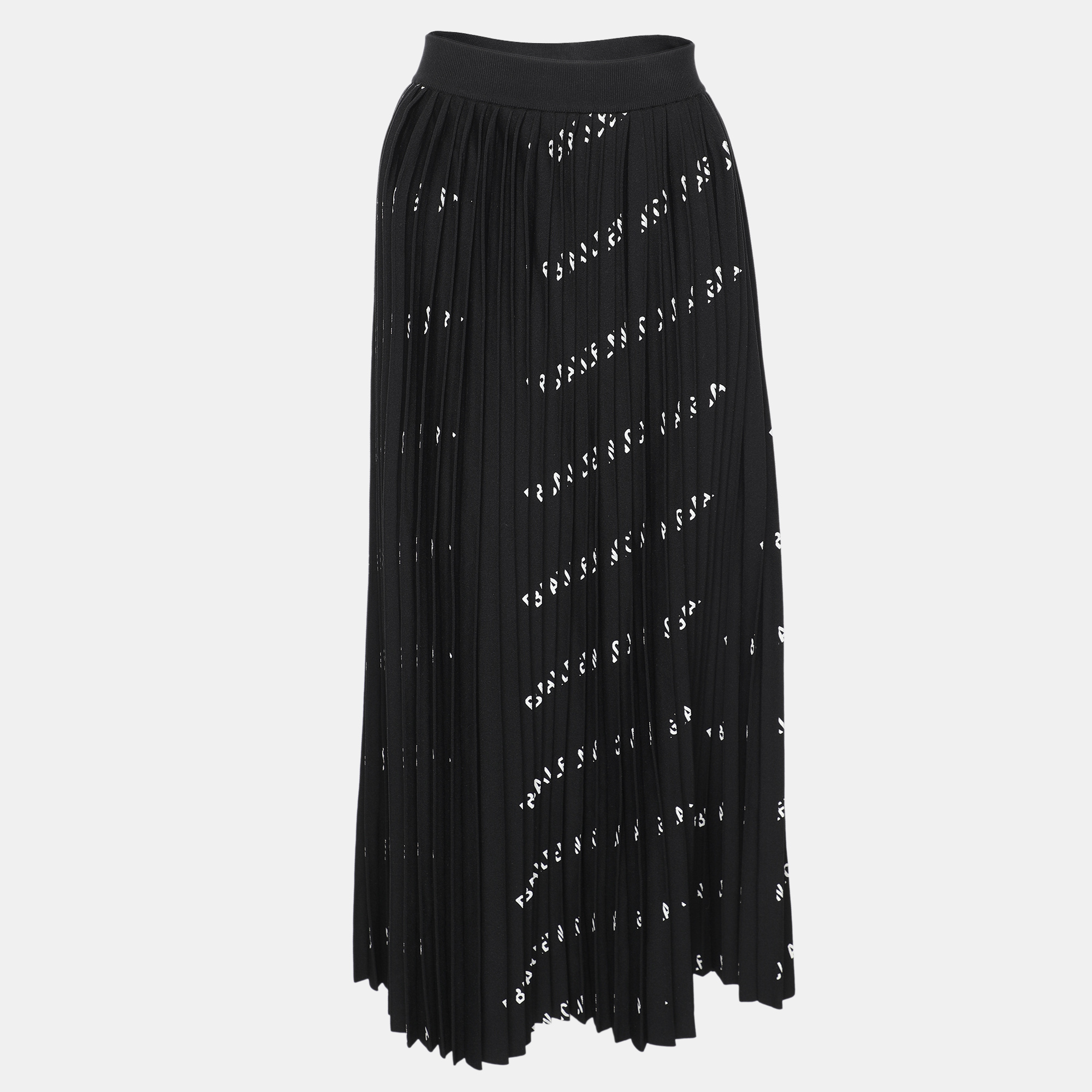 Balenciaga Black All-Over Logo Print Knit Pleated Midi Skirt M