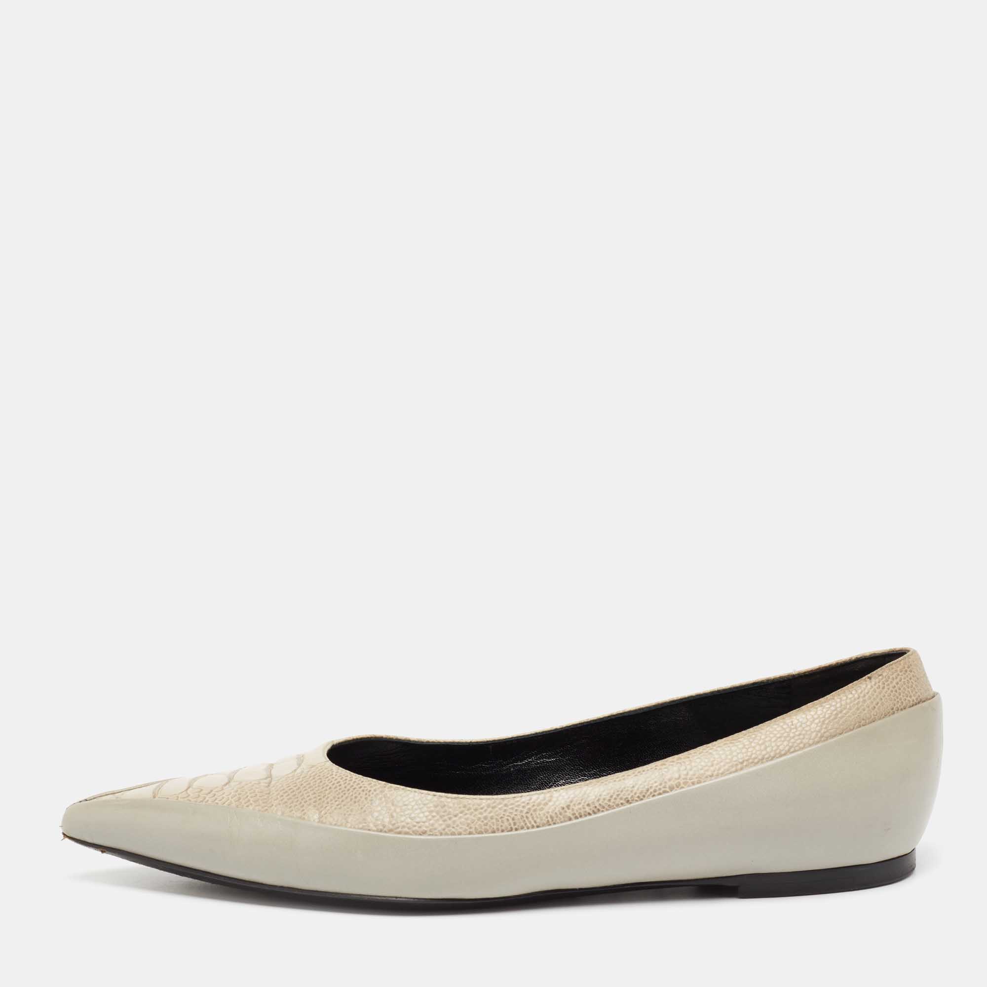 Balenciaga Grey Croc Embossed And Leather Pointed Toe Ballet Flats Size 36