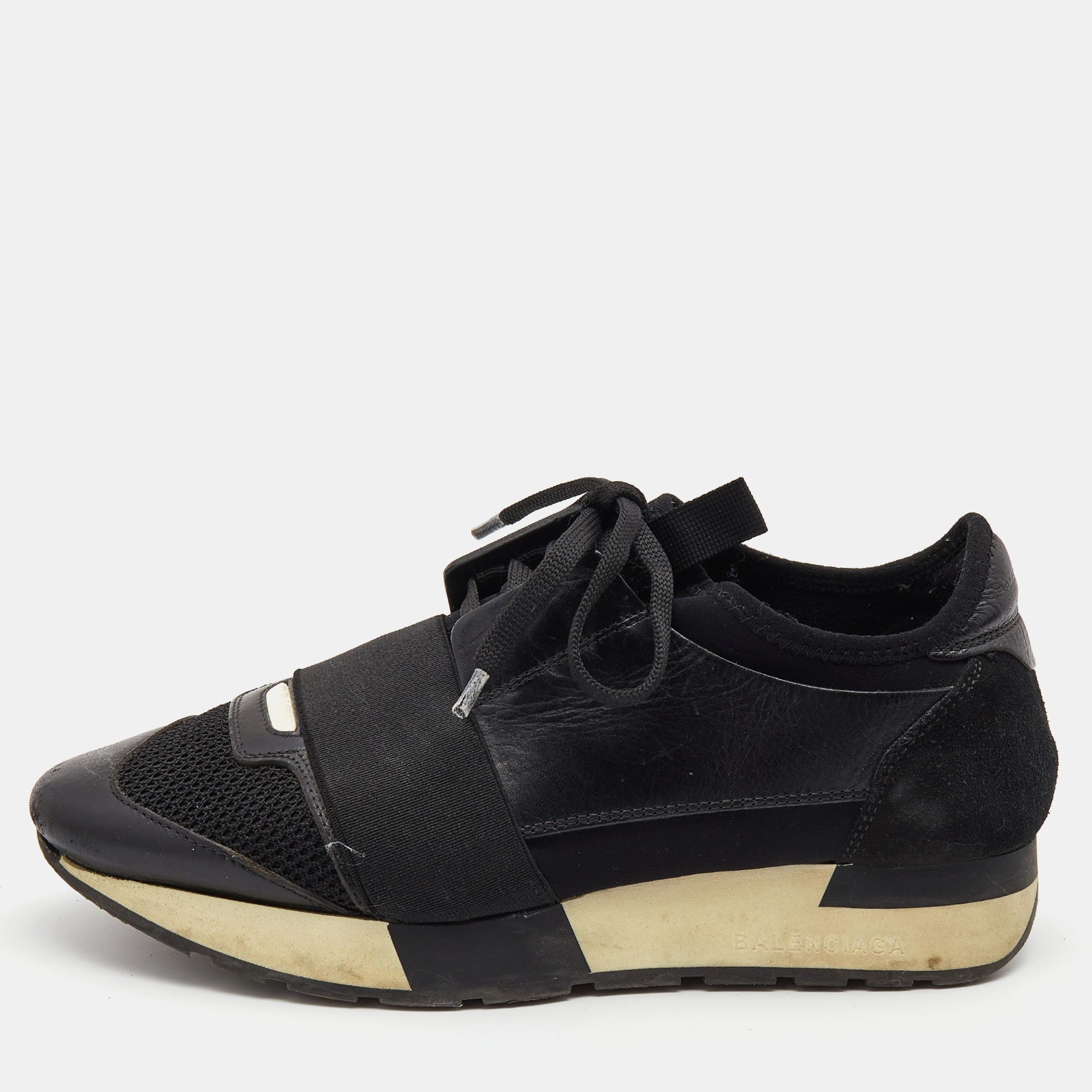 Balenciaga Black Leather and Mesh Race Runner Low Top Sneakers Size 37