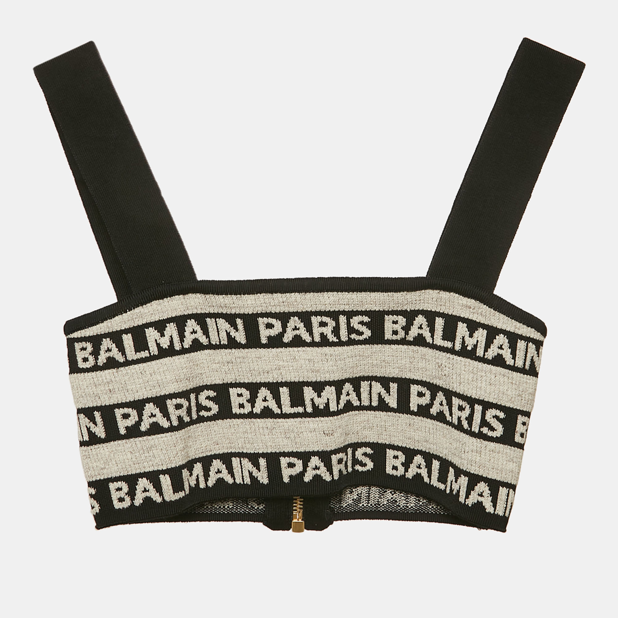 Balmain Black/Grey Logo Striped Stretch Knit Crop Top S