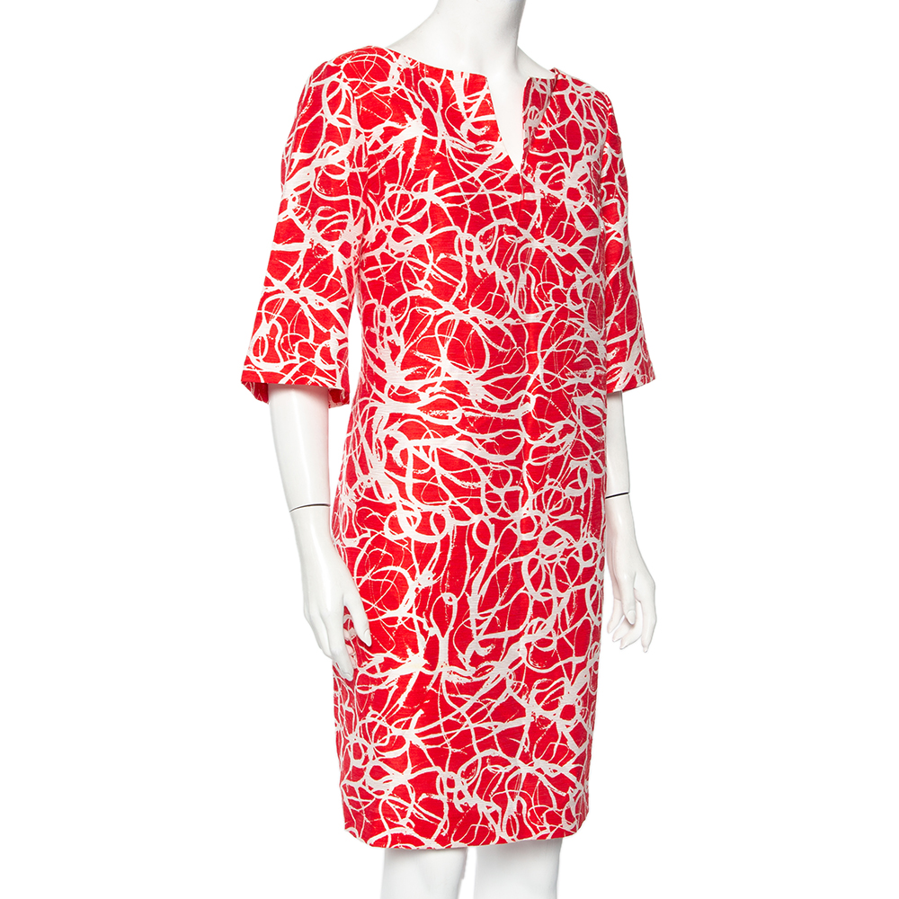 CH Carolina Herrera Red & White Printed Textured Linen Mini Dress L