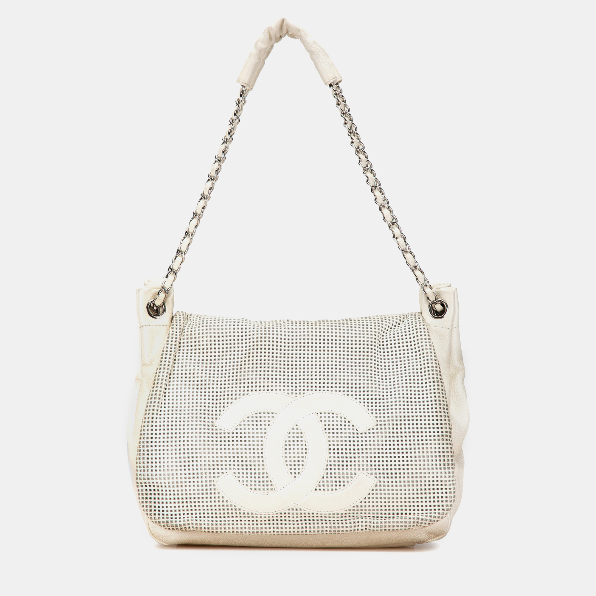 Chanel White Caviar Perforated Hollywood Accordion Flap Bag