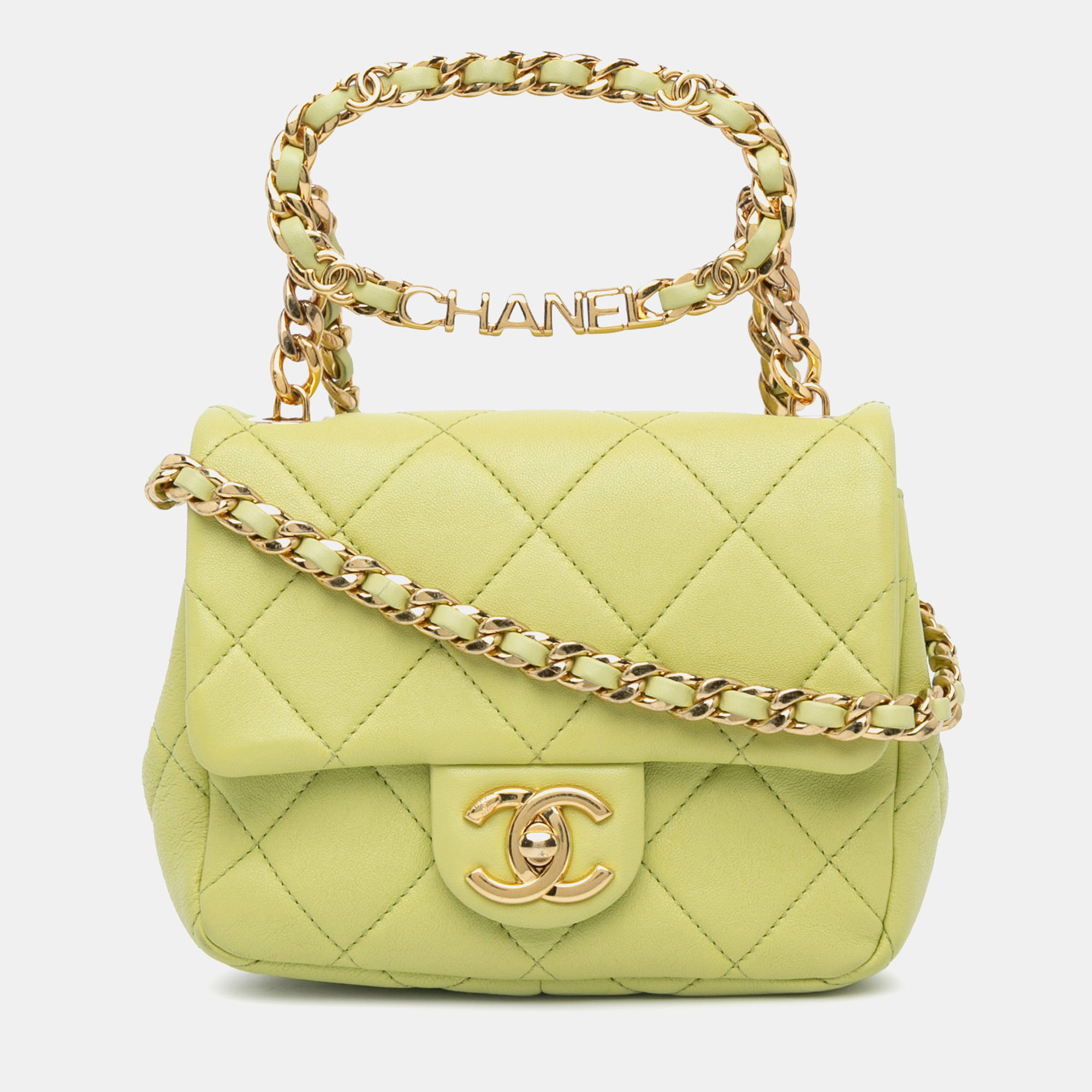 Chanel Green Quilted Lambskin Oval Logo Chain Top Handle Flap Bag
