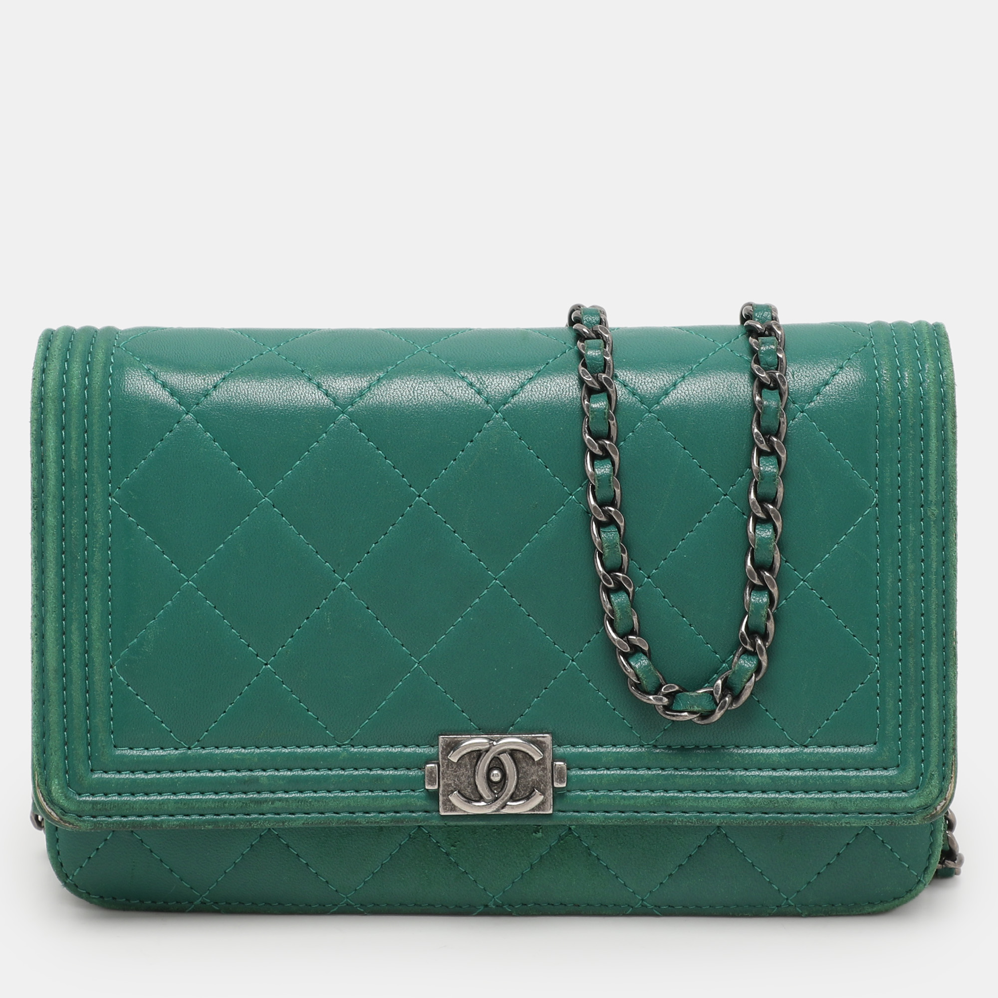 Chanel Green Quilted Leather Boy Wallet On Chain