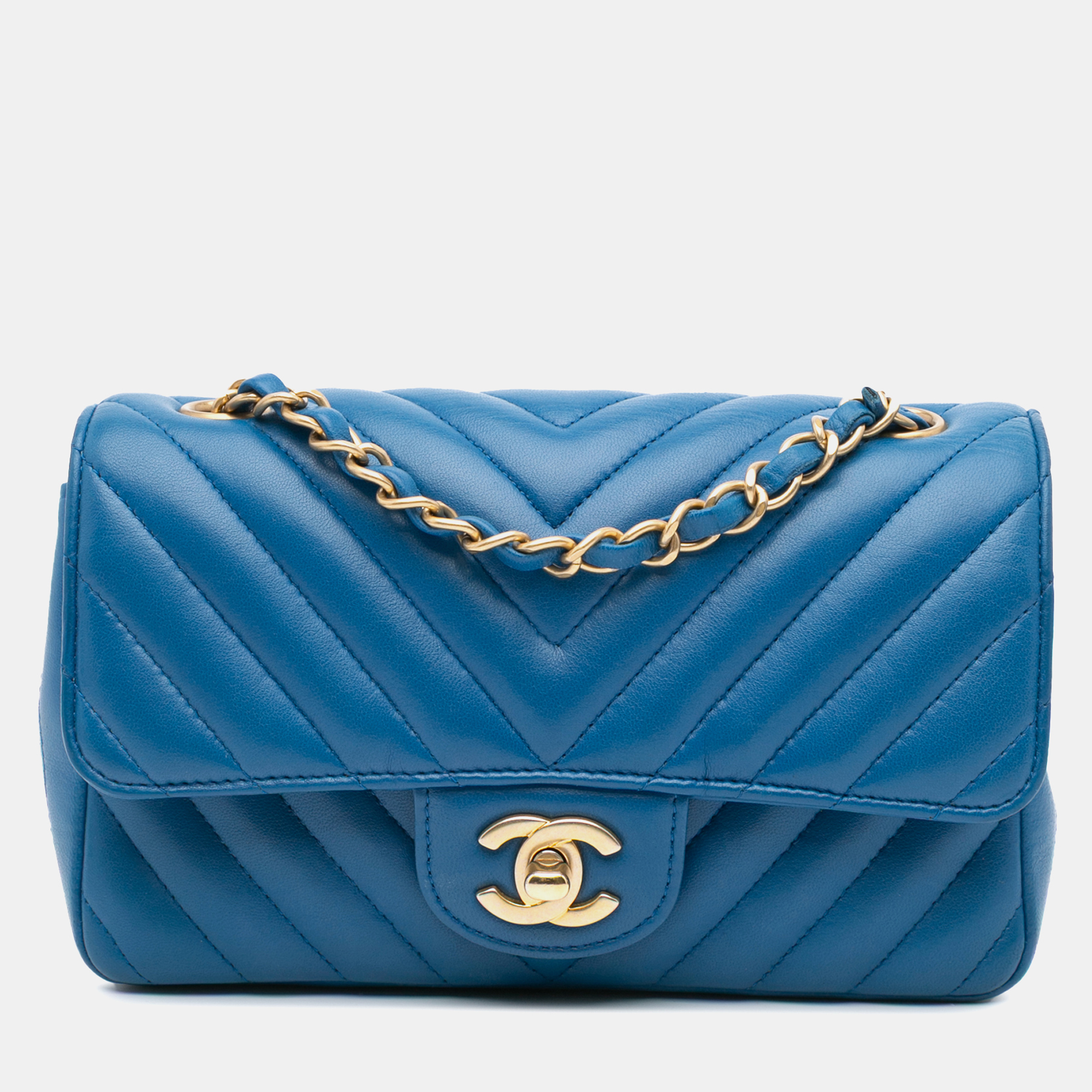 Chanel Blue Lambskin Leather Mini Rectangular Classic Chevron Single Flap Bag