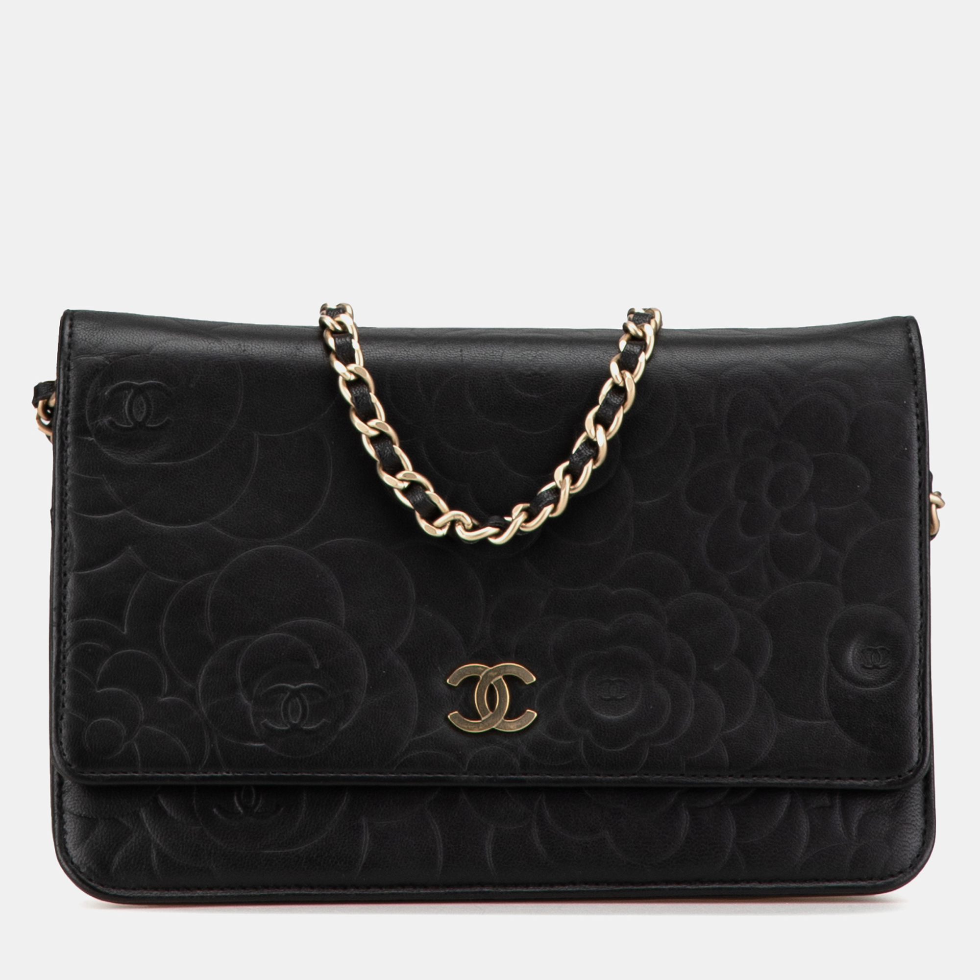 Chanel Black Lambskin Camellia Embossed Wallet On Chain