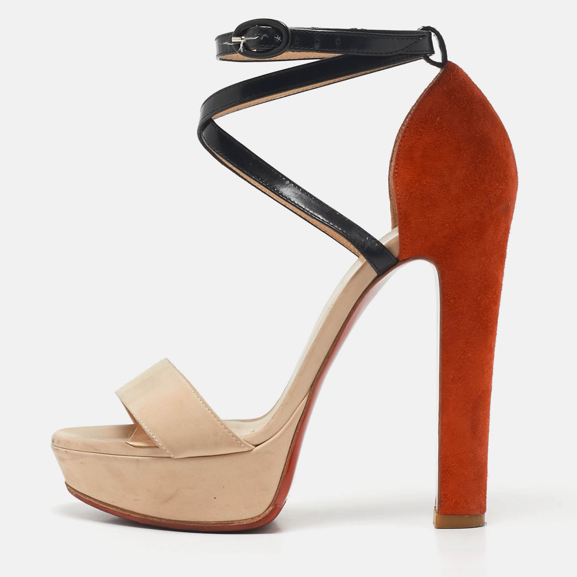 Christian Louboutin Tricolor Suede and Leather Platform Ankle Strap Sandals Size 36