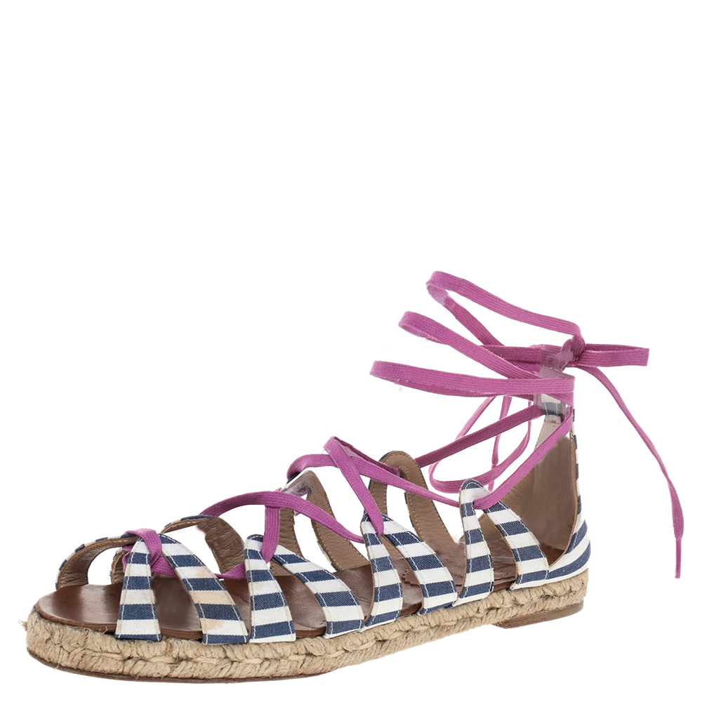 Christian Louboutin Multicolor Fabric Espadrille Ankle Wrap Flat Sandals Size 36