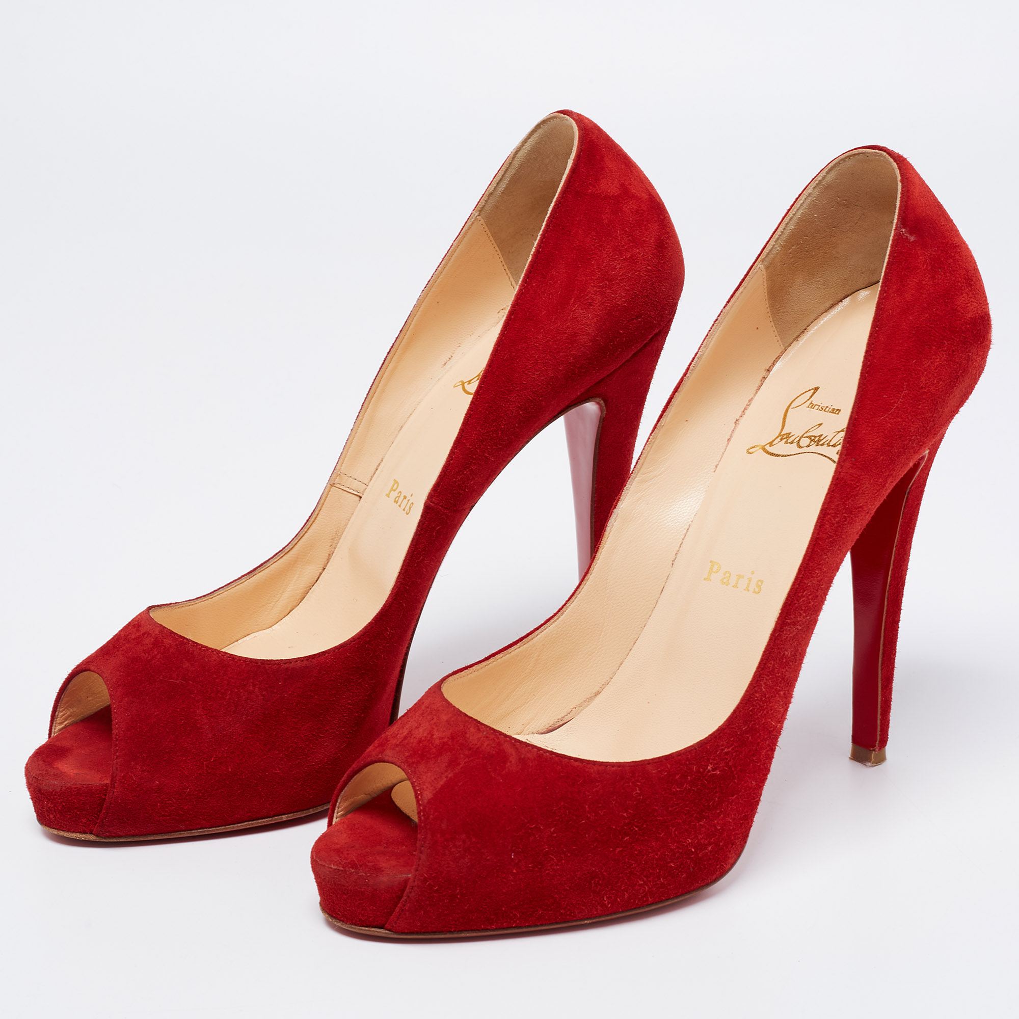   The Luxury Closet Christian Louboutin Red Suede New Very Prive Peep Toe Platform Pumps Size 41