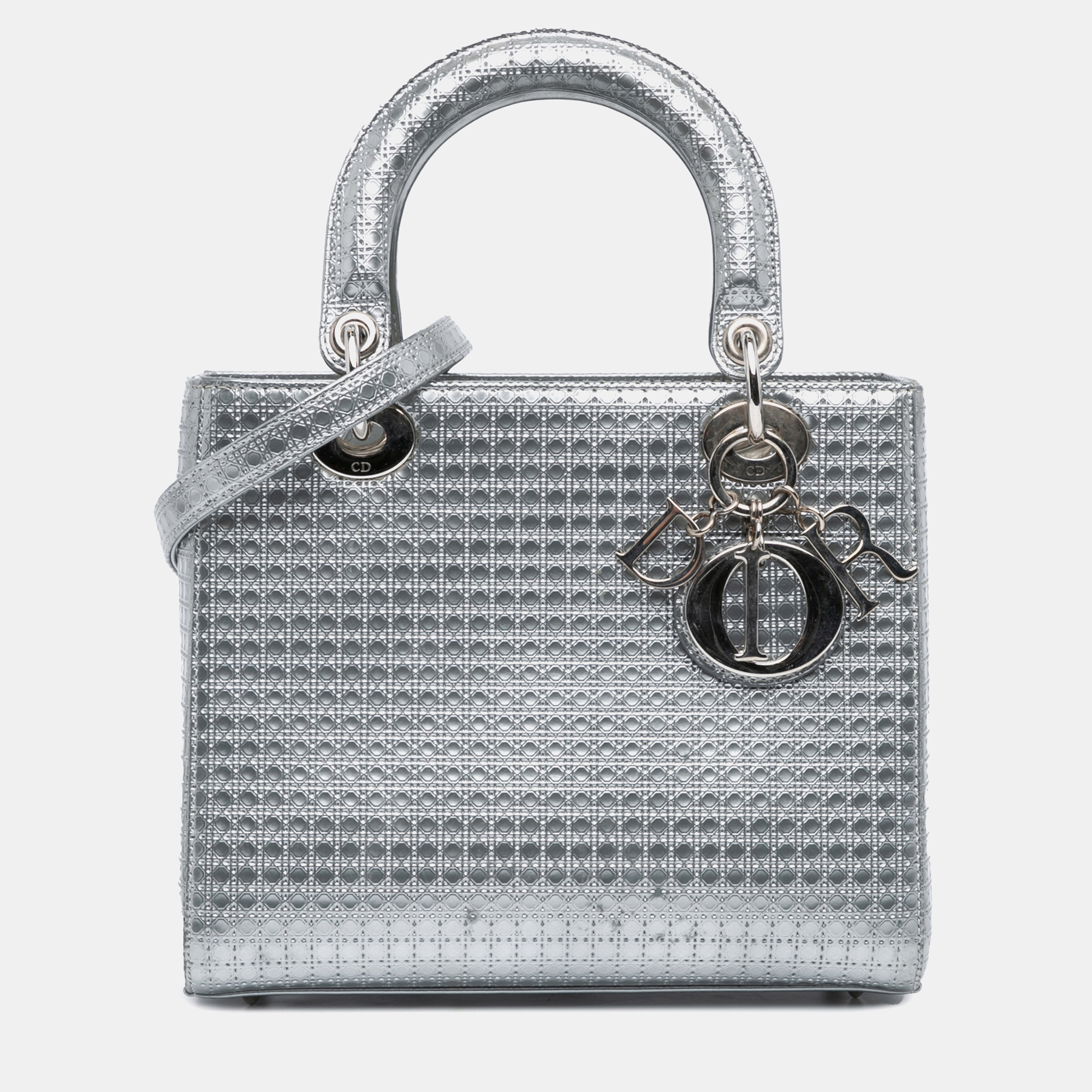 Dior Silver Metallic Patent Medium Microcannage Lady Dior Tote Bag
