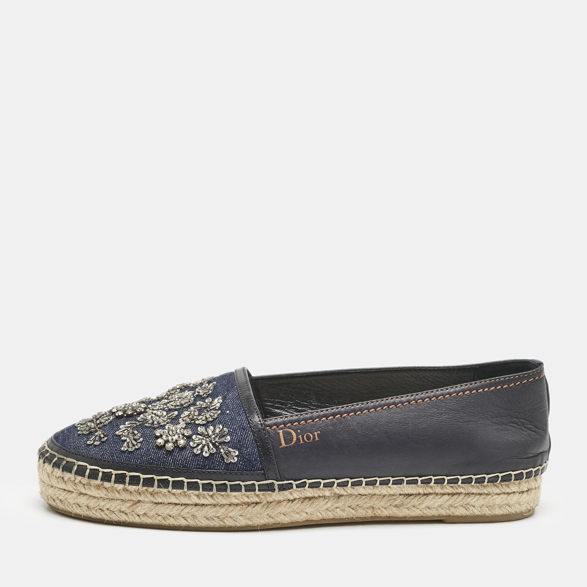 Dior Navy Blue Denim and Leather Embellished Espadrille Flats Size 38.5