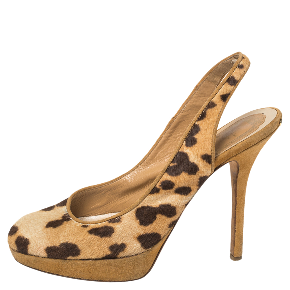 Dior Brown/Beige Leopard Print Calf Hair And Suede Slingback Platform Pumps Size 37