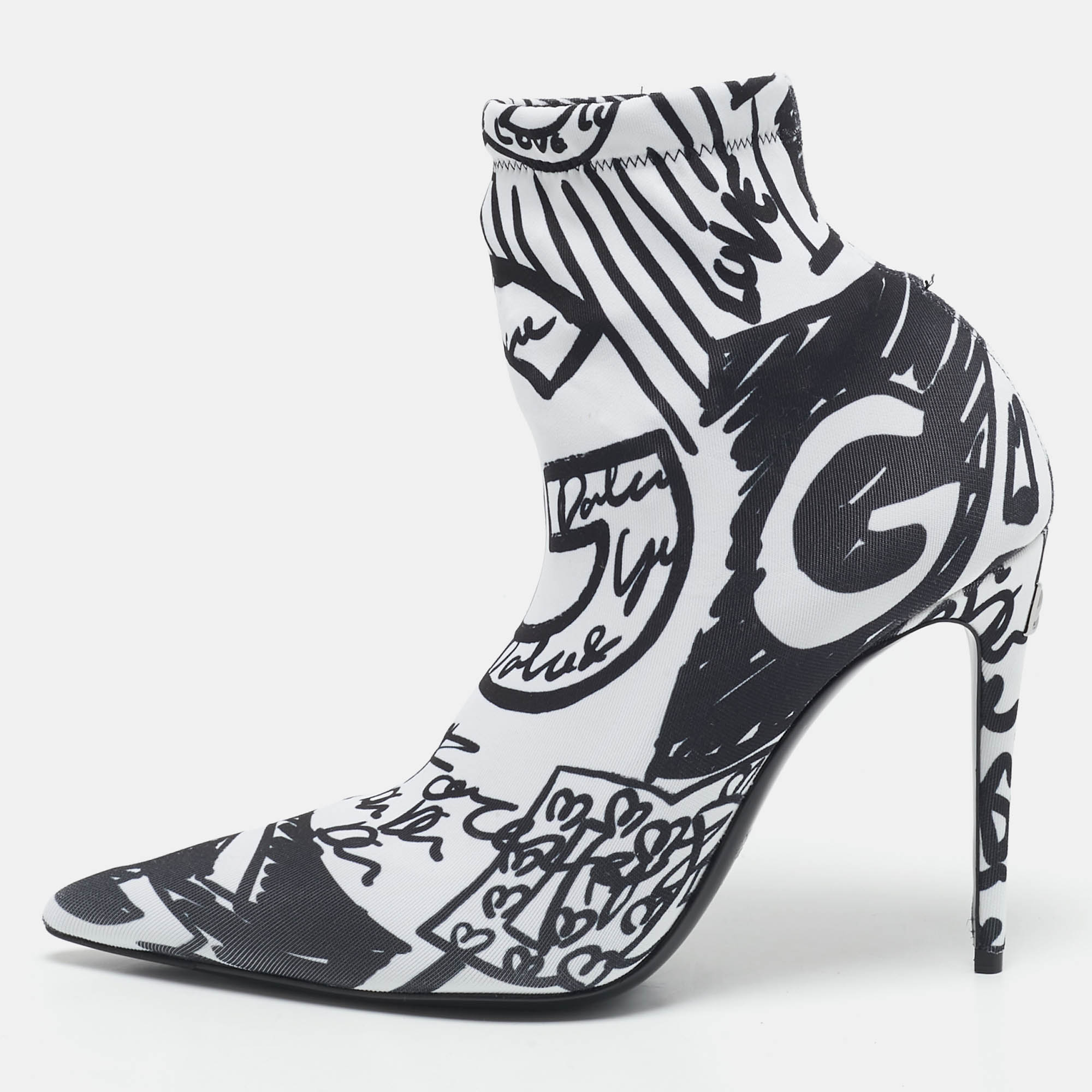 Dolce & Gabbana Black/White Knit Fabric Graffiti Sock Boots Size 36
