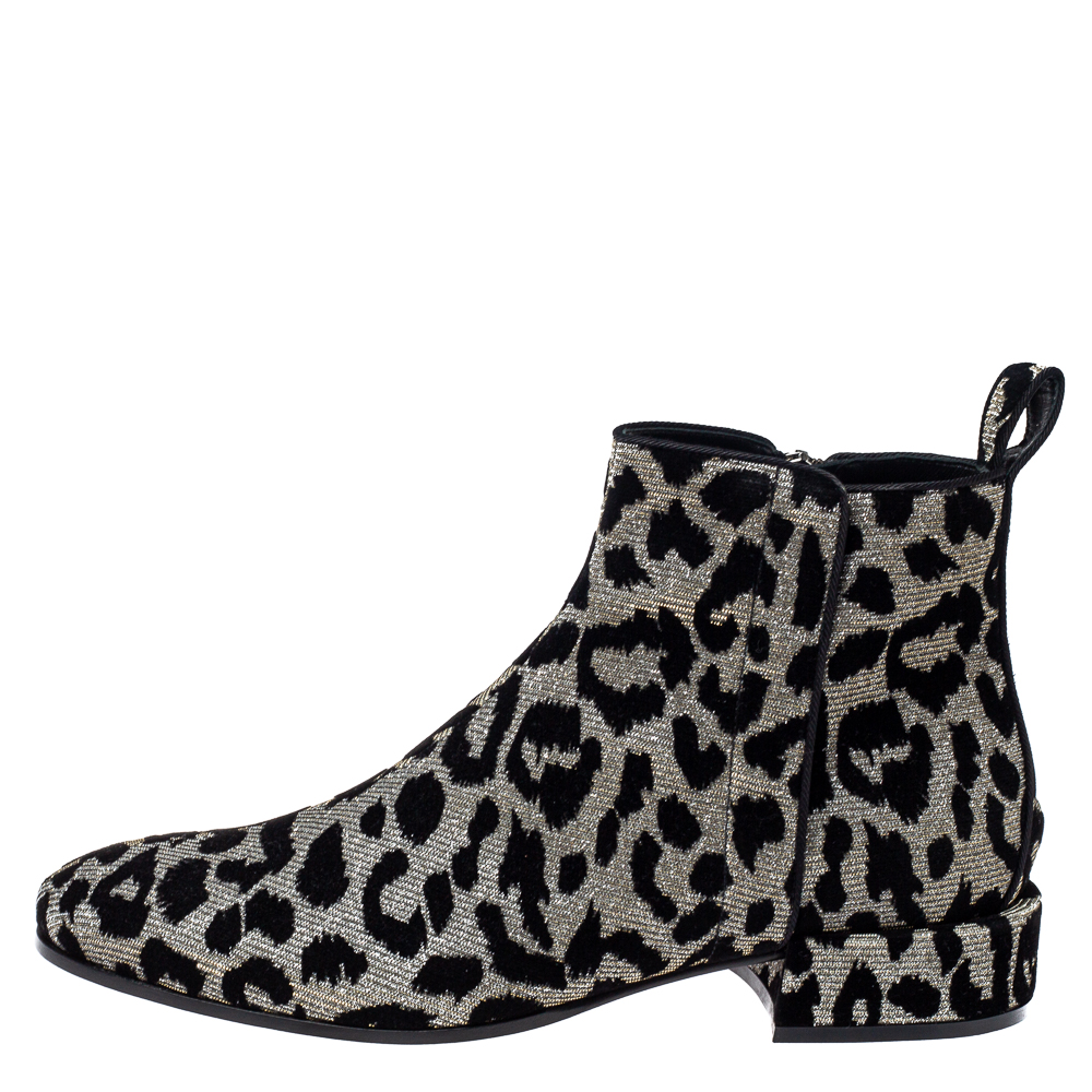 Dolce & Gabbana Black/Silver Animal Print Lurex and Velvet Ankle Boots Size 39