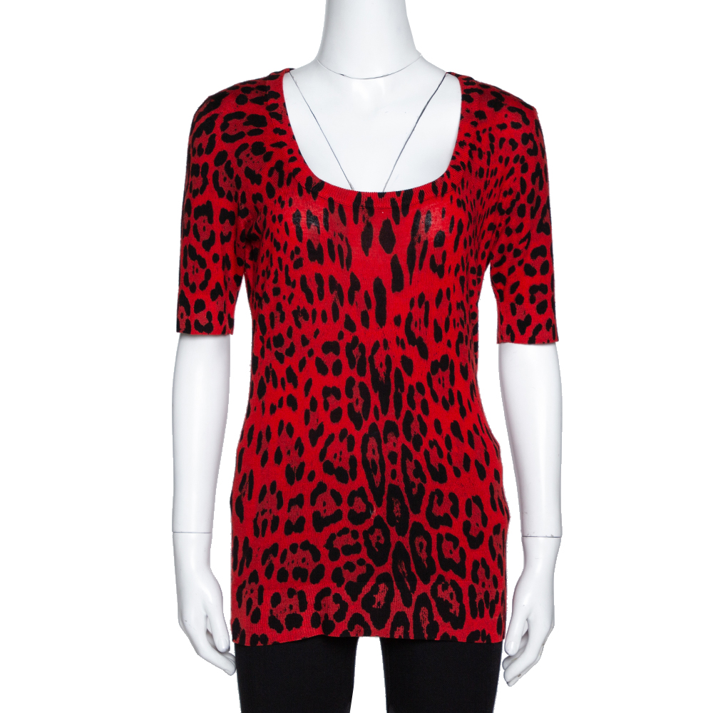 Sweaters & Cardigans Dolce & Gabbana Red Leopard Pattern Wool Knit Jumper M