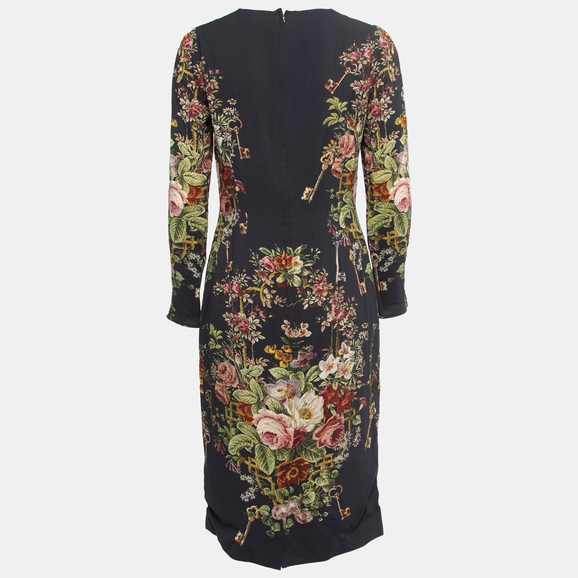 Dolce & Gabbana Navy Blue Floral Printed Crepe Long Sleeve Midi Dress L