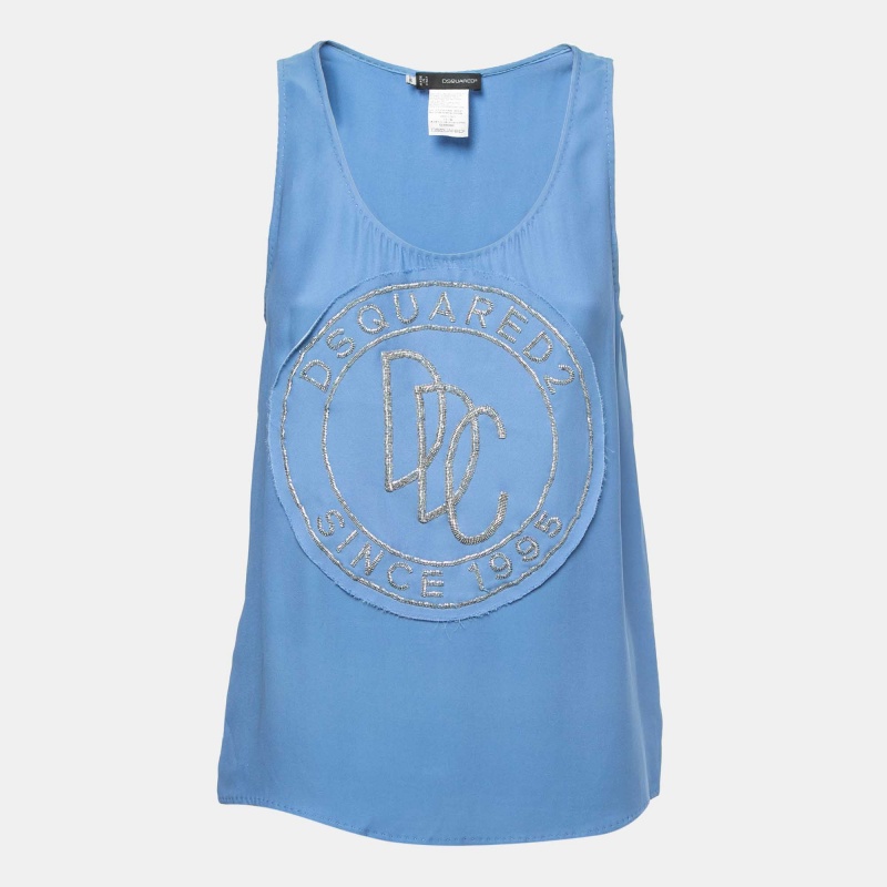 Shirts & Tops  The Luxury Closet Dsquared2 Blue Logo Embellished Crepe Tank Top S