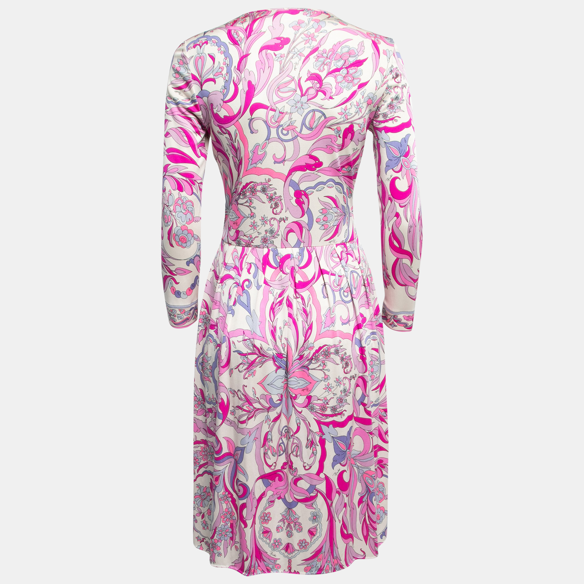 Emilio Pucci White/Pink Printed Silk Ruched Long Sleeve Midi Dress M