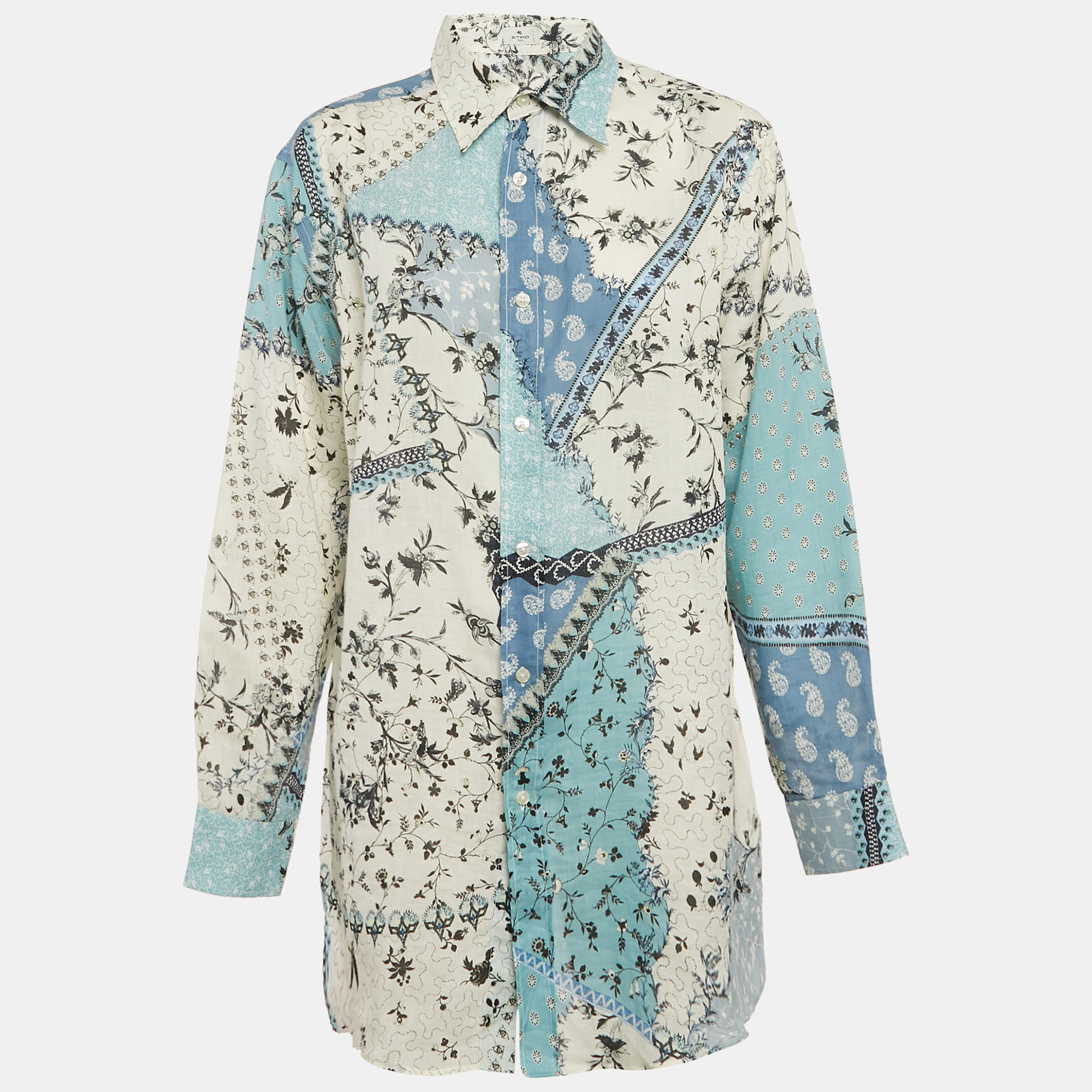 Etro Blue/Multicolor Printed Ramie Button Front Tunic Shirt S