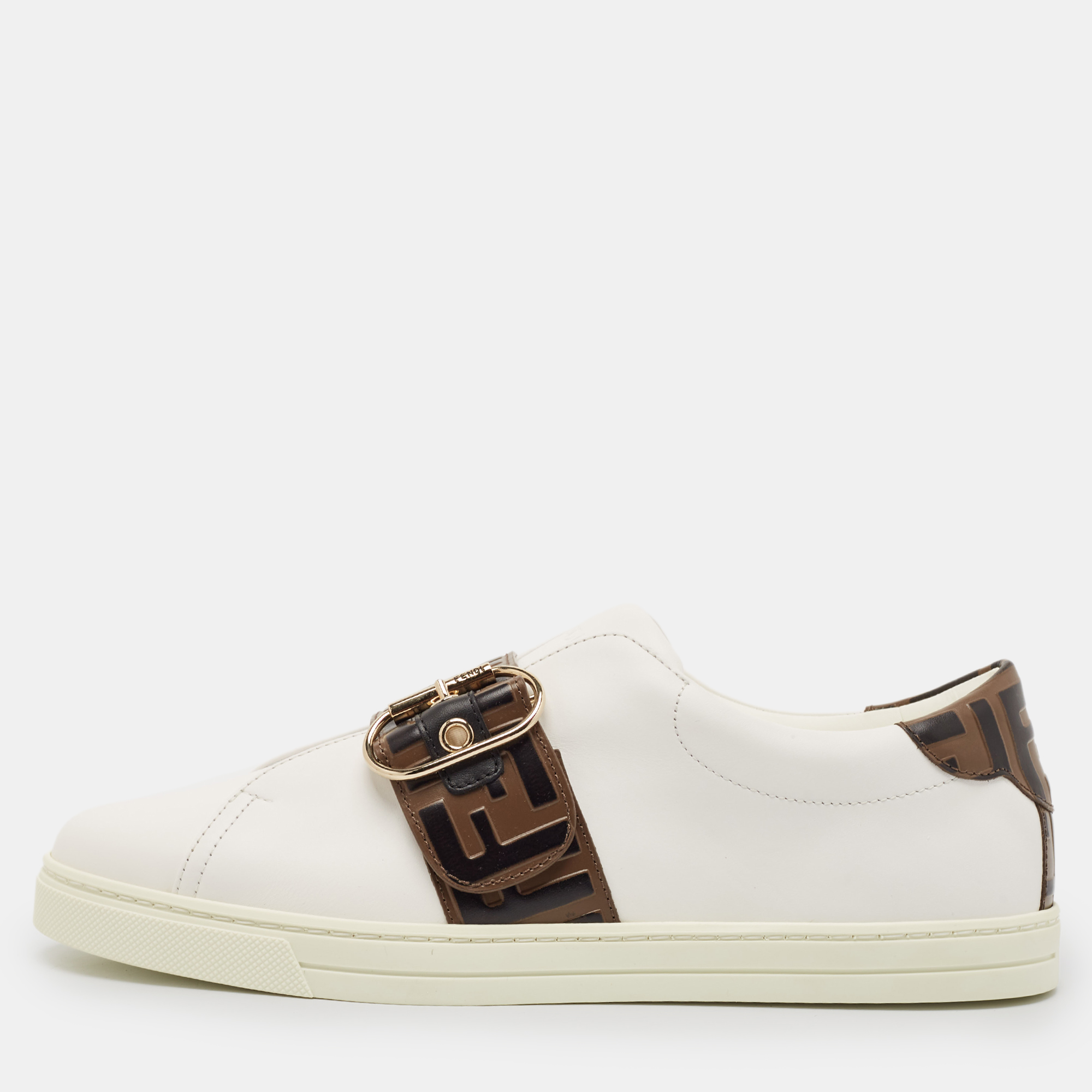 Fendi White/Brown Leather FF Buckle Low Top Sneakers Size 41