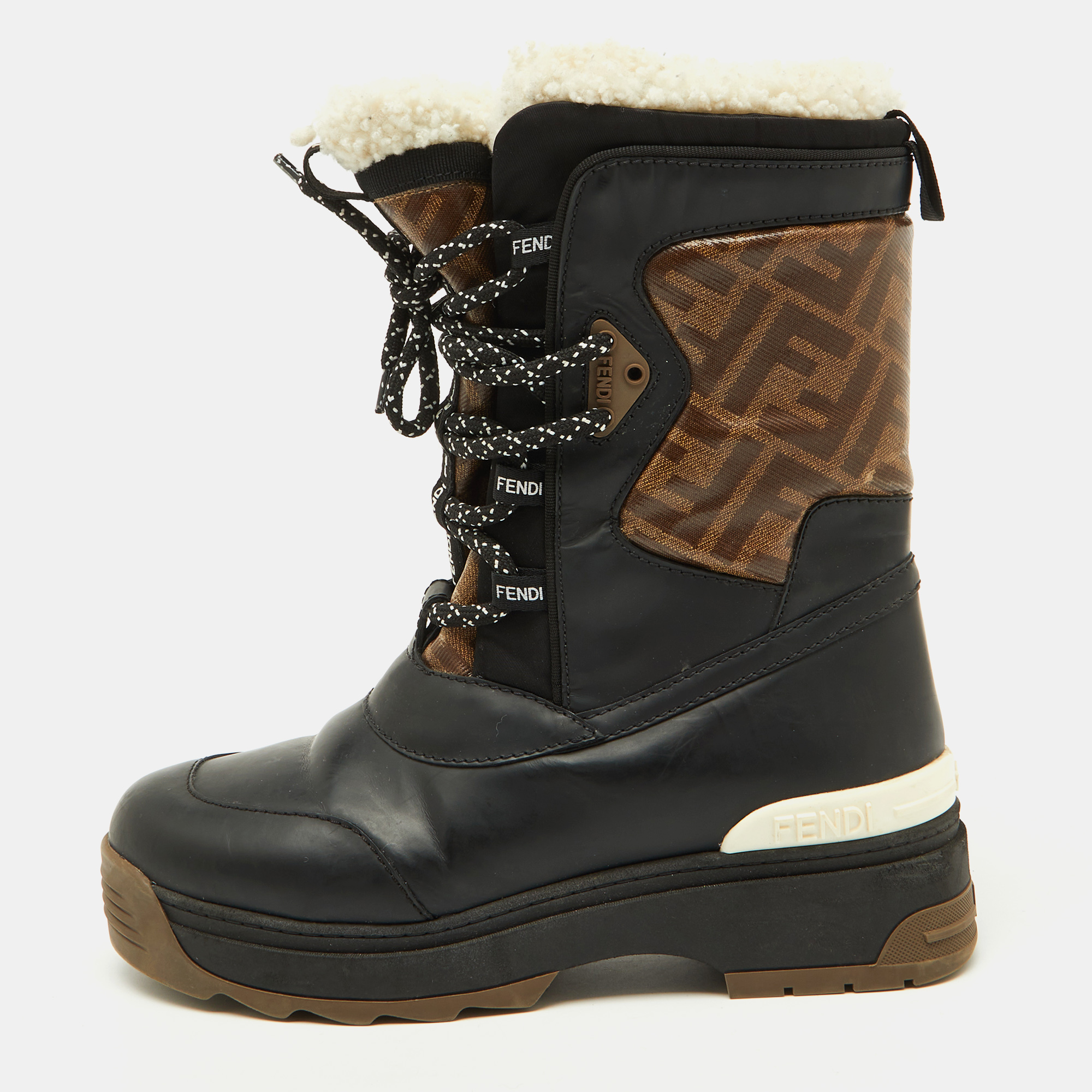 Fendi Black/Tobacco Coated Canvas and Leather T-Rex Snow Boots Size 37