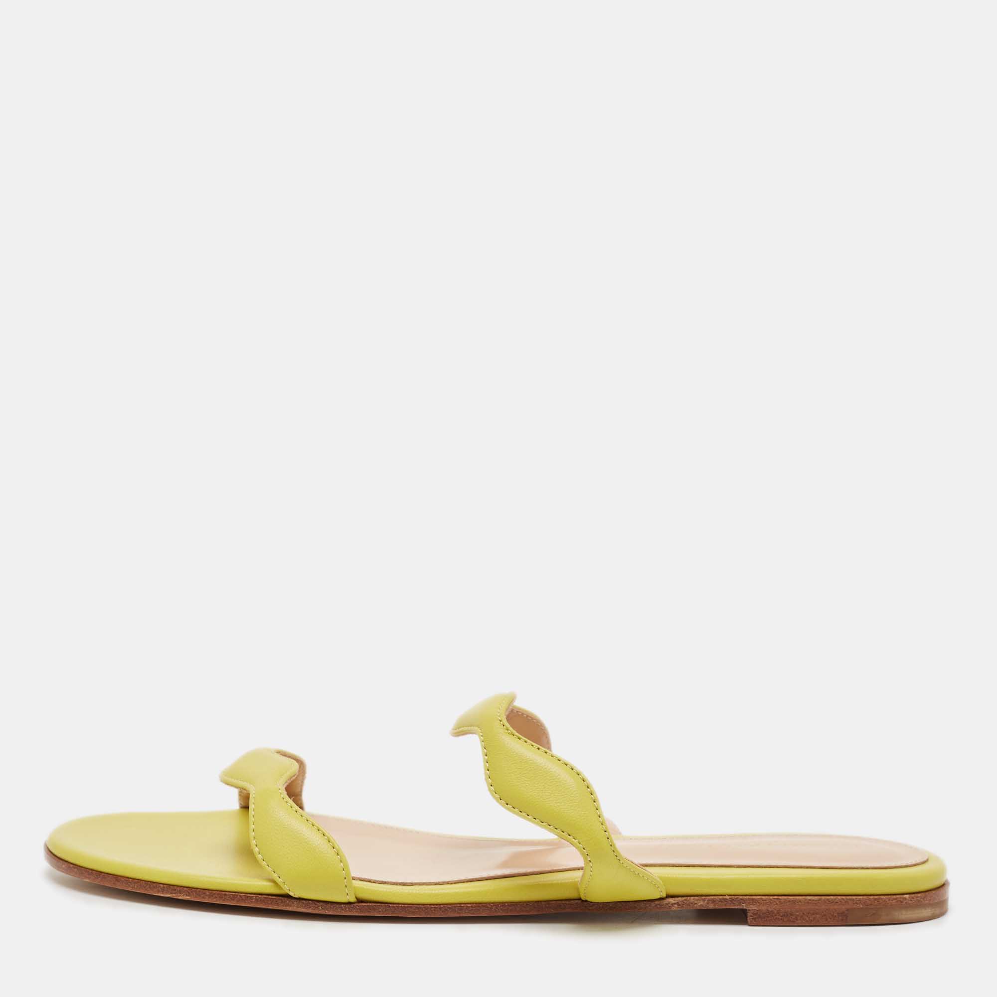 Gianvito Rossi Green Leather Wavy Flat Slides Size 39