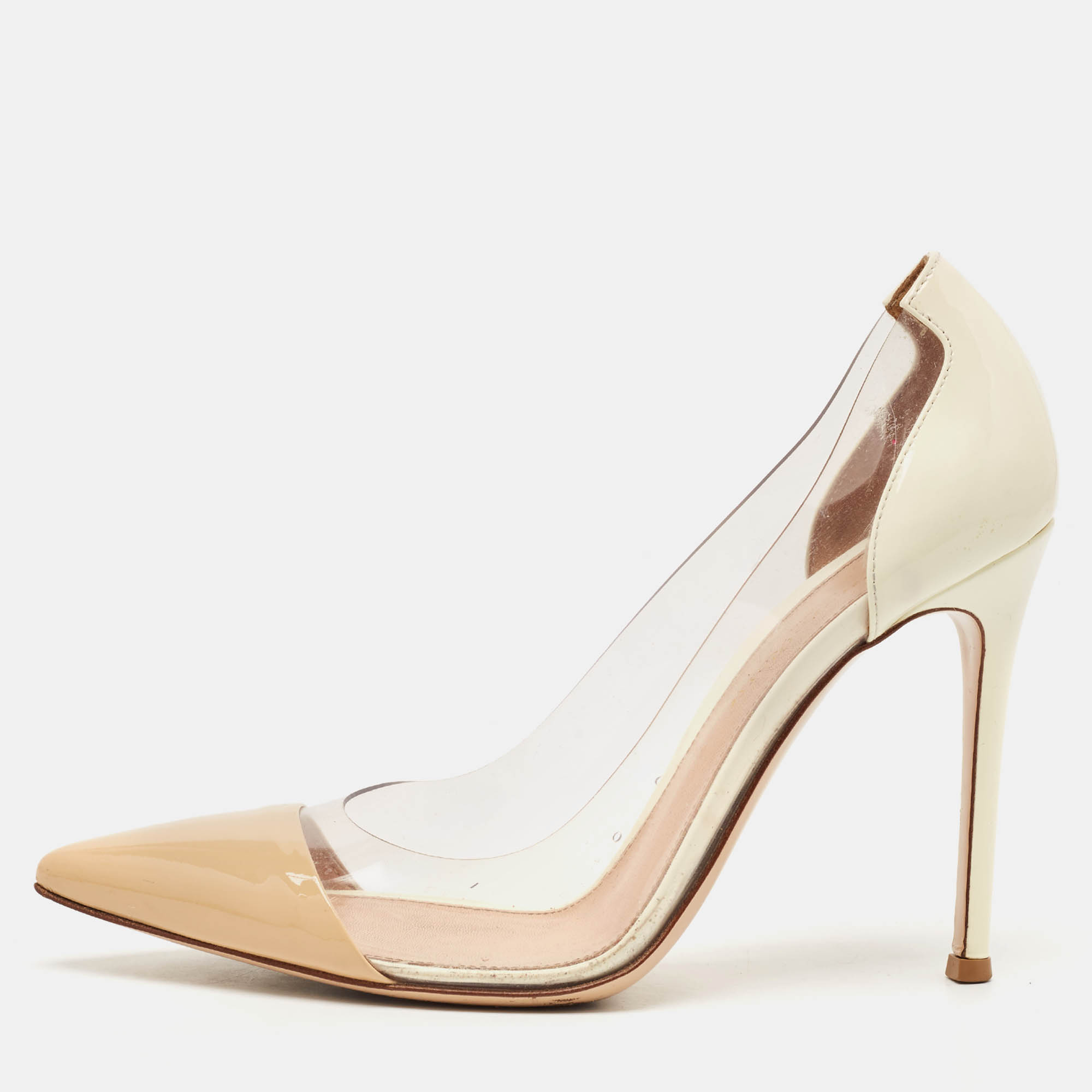 Gianvito Rossi Beige/White Patent Leather and PVC Plexi Pointed Toe Pumps Size 37