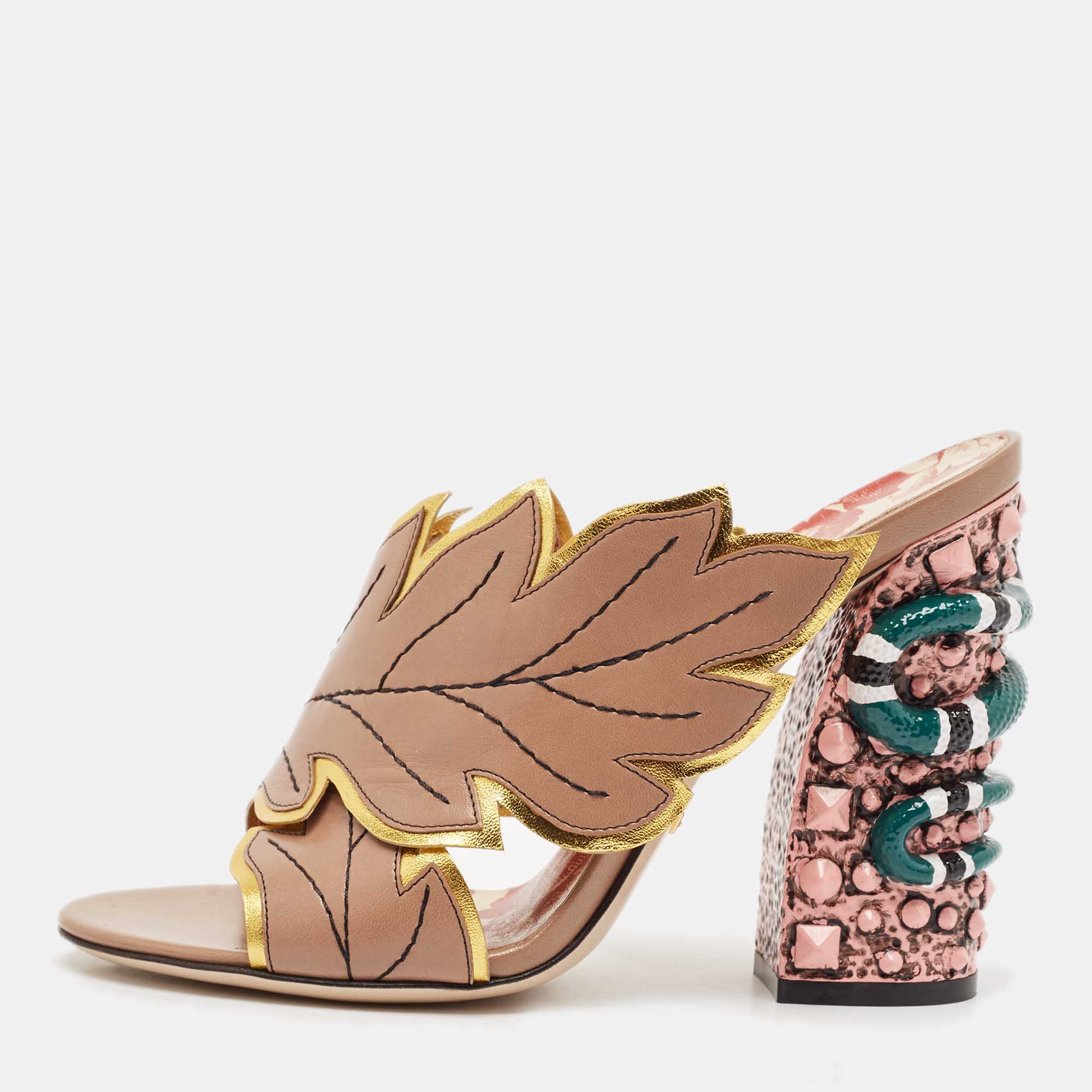Gucci Beige Leather Leaves Crossover Embellished Heel Peep Toe Mules Size 37.5